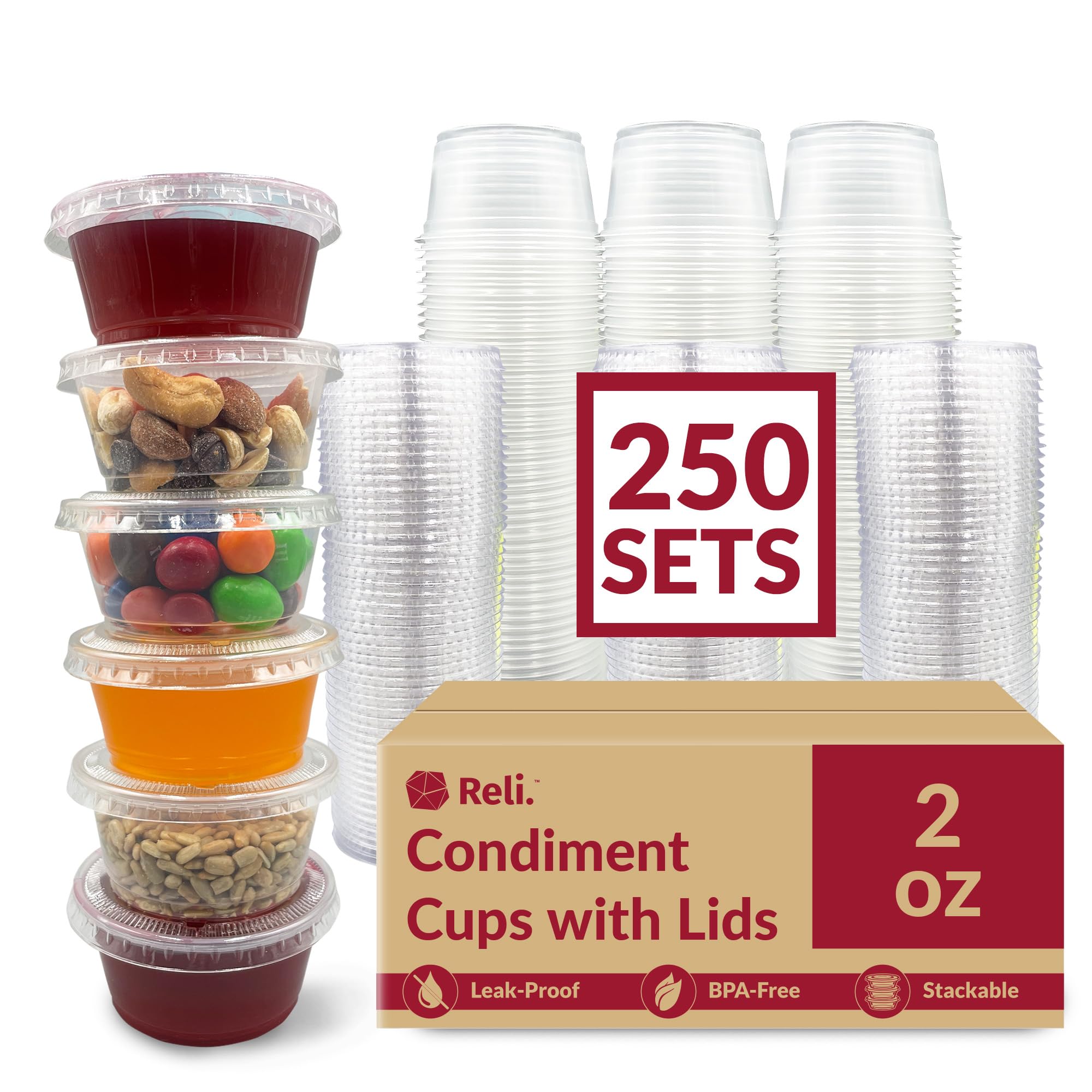 Reliable 2 oz Small Plastic Containers with Lids (250 Sets) - Clear Jello Shot Cups, Condiment Portion Containers for Sauce, Dressing, Souffle | Stackable Bulk Storage | Perfect for Parties, Catering & Meal Prep