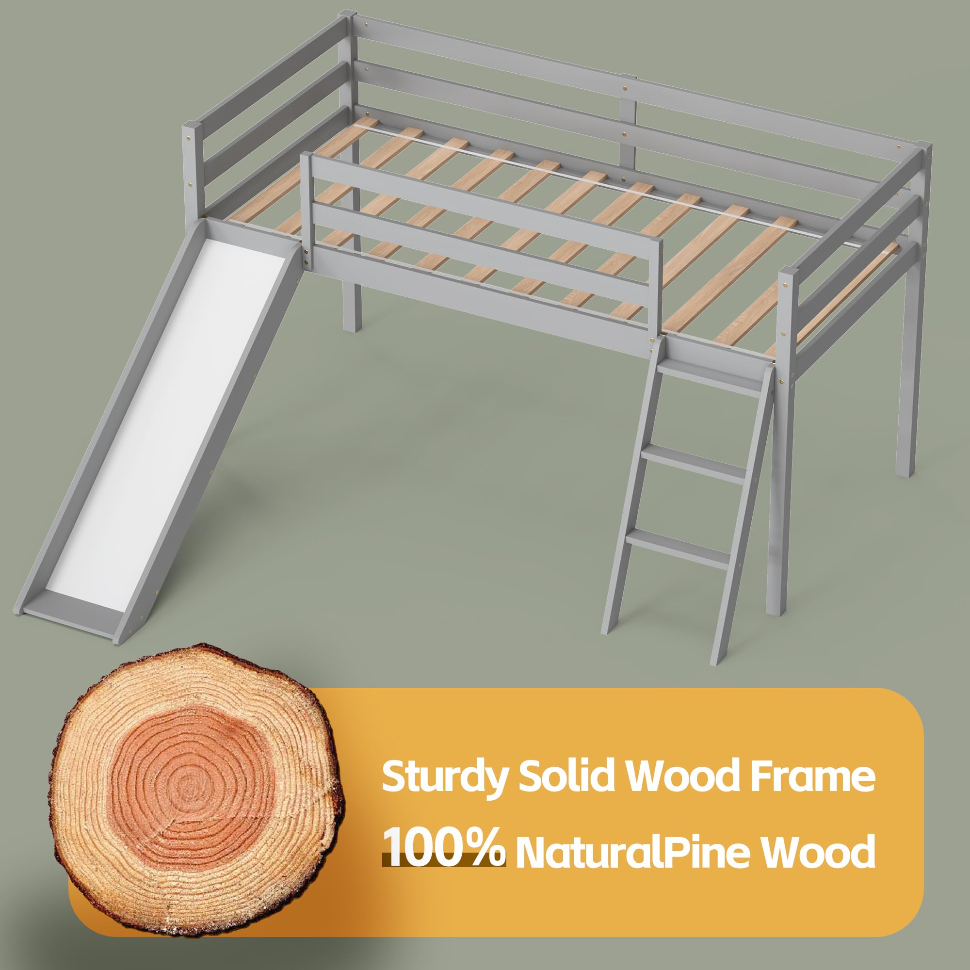 Low Loft Bed with Slide - Wood Twin Loft Bed Frame with Climbing Ladder & Storage Space for Kids & Toddlers (Grey) | Perfect for Small Bedrooms, Playrooms & Dorm Rooms | Space-Saving Kids Furniture with Fun Slide Feature