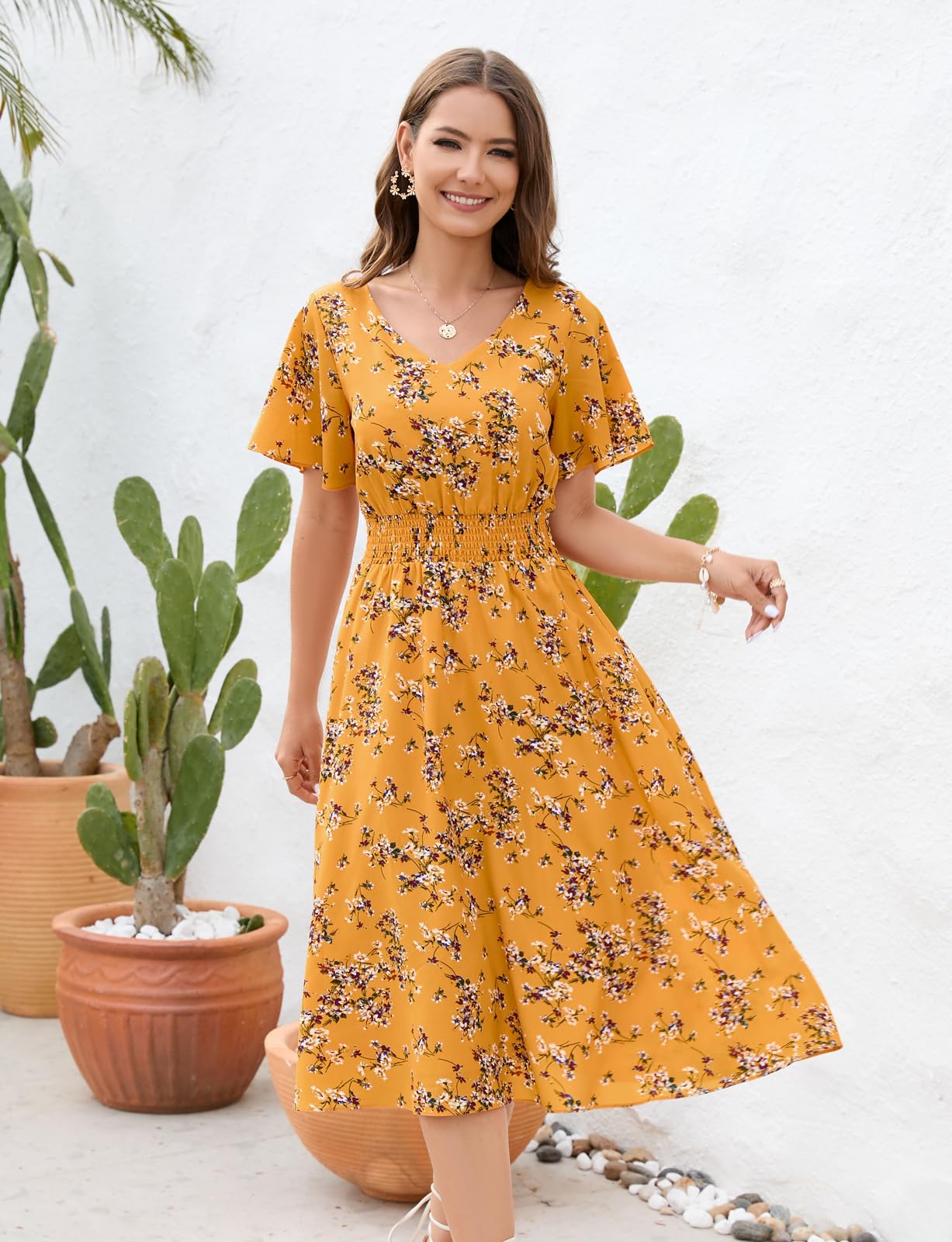 Gardenwed Women's Floral Chiffon Summer Dress - Elastic Waist Sun & Beach Dress for Outdoor Parties, Vacations, and Casual Wear