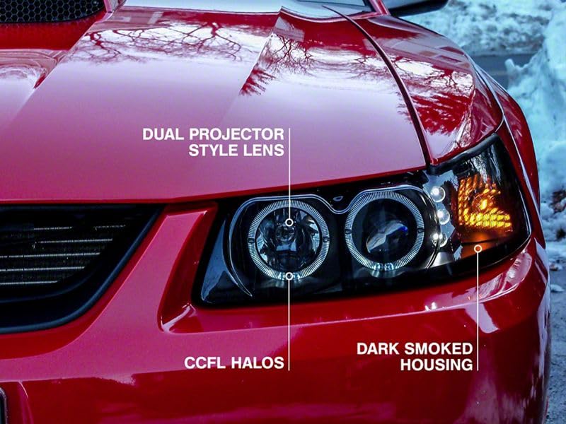 Raxiom Smoked Projector Headlights with Dual LED Halo for Ford Mustang 1999-2004 - Upgrade Your Ride with Enhanced Visibility & Style for Night Driving & Car Shows