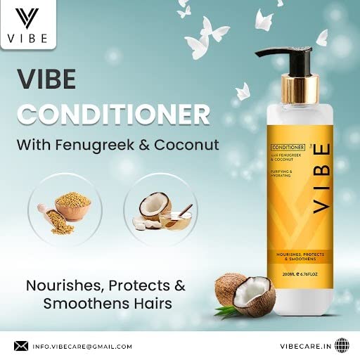 VIBE Hair Fall Defense Conditioner for Men & Women with Fenugreek & Coconut Extract | Purifying & Hydrating Hair Treatment | Prevents Breakage & Hair Loss | Sulfate-Free Hair Care Conditioner - 200ml | Perfect for Daily Use & Damaged Hair Repair