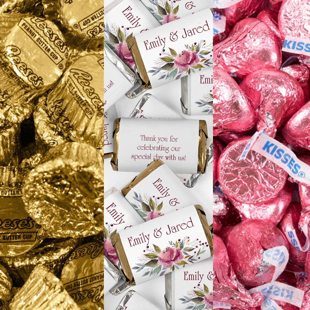 200pcs Personalized Wedding Candy Favors Kit - Custom Wrapped Chocolates (Miniatures, Kisses, Peanut Butter Cups) - Pink Floral Design for Bridal Shower, Baby Shower & Wedding Reception Candy Table Decorations
