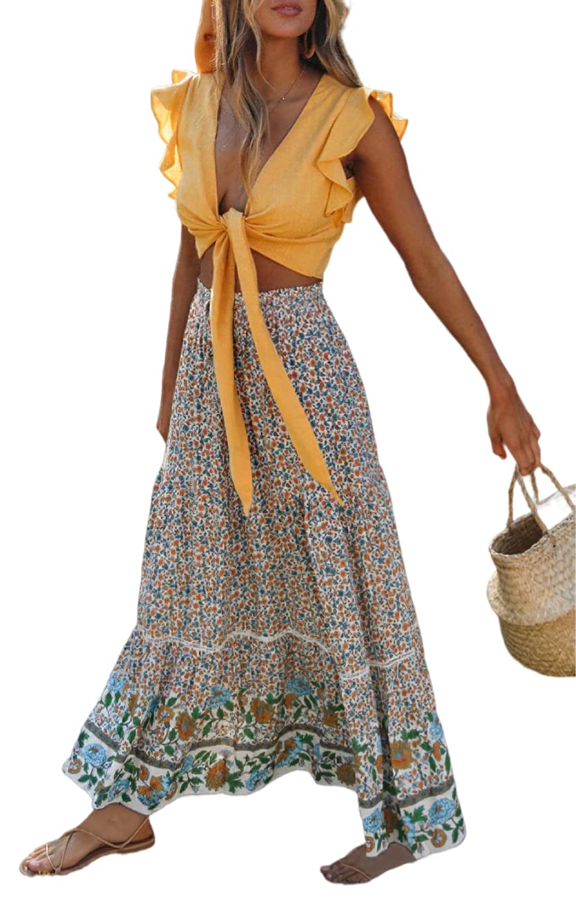 TIAFORD Women's Floral Print Maxi Skirt - High Waist Elastic Boho Skirt with Pleats | Perfect for Summer, Beach, Vacations & Boho Fashion Outfits