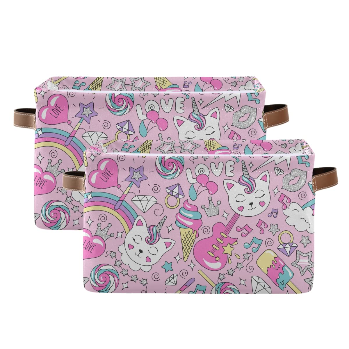 Pink Unicorn Kitten Collapsible Storage Basket - Waterproof Canvas Bin with Handles for Nursery, Toys, Books & Closet Organization | Perfect for Kids' Bedroom, Playroom & Home Decor