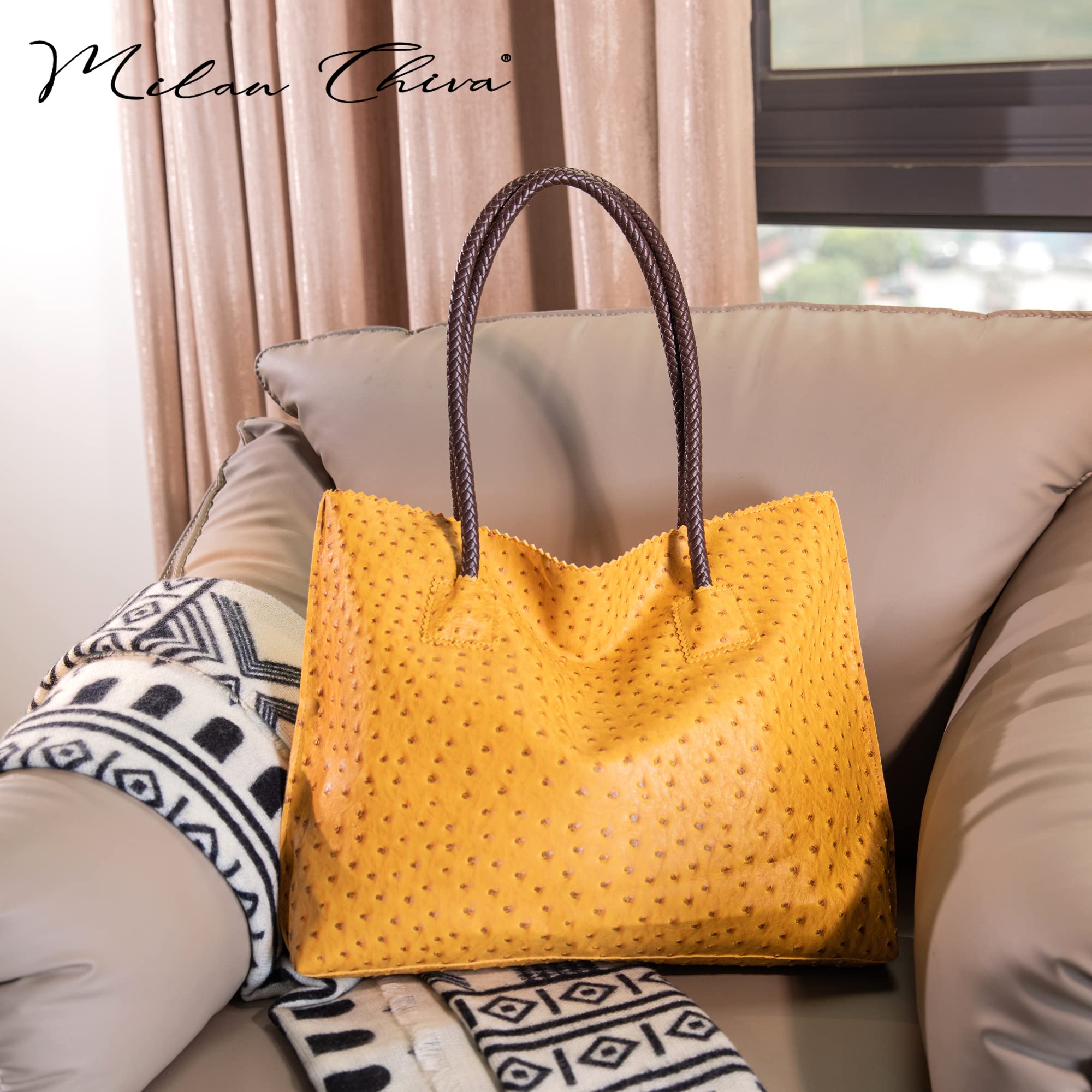 Milan Women's Large Vegan Leather Tote Bag with Zipper - Ostrich Pattern Shoulder Purse for Work, Travel & Shopping