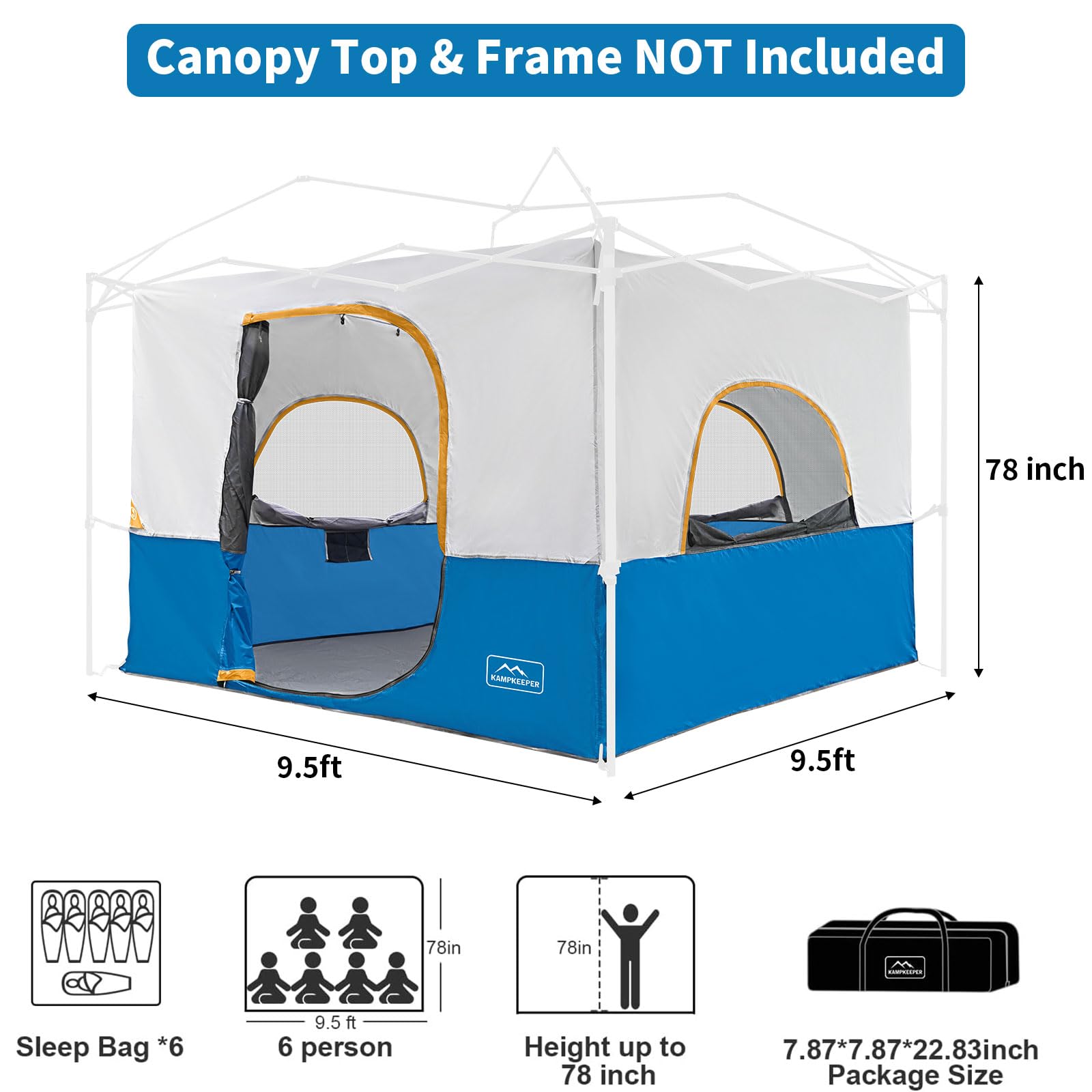 KAMPKEEPER 10'x10' Camping Inner Tent for Pop Up Canopy | Convert Straight Leg Canopy to Camping Shelter | Fully Vented Roof Design | Light Blue | Perfect for Outdoor Camping, Hiking & Backyard Adventures (Canopy & Frame Not Included)