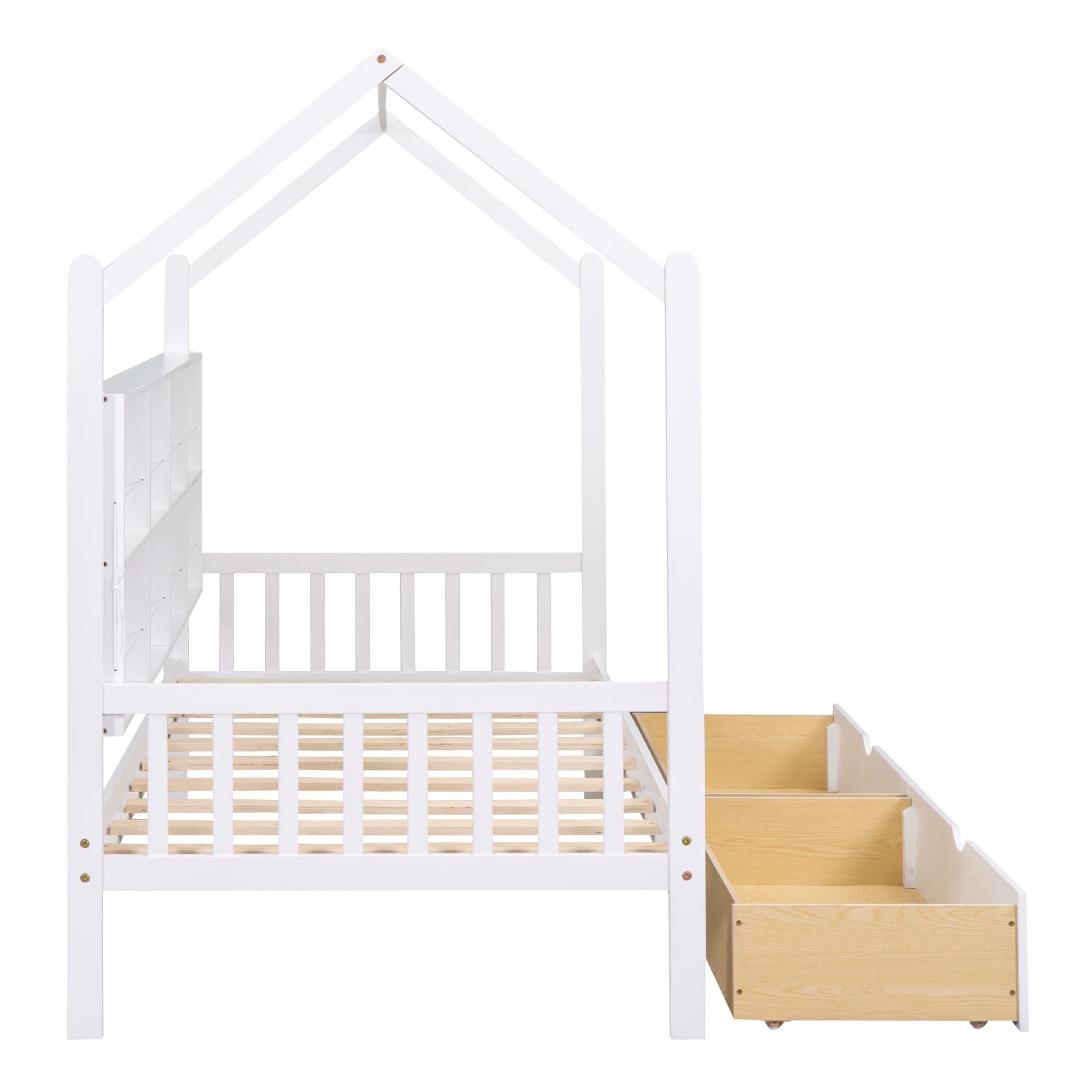 Harper & Bright Designs Solid Wood Montessori Twin House Bed for Kids - Playhouse Bed Frame with Storage Drawers & Shelves, Tent Bed for Boys Girls Teens - Perfect for Bedroom, Playroom & Montessori Learning Spaces (White)