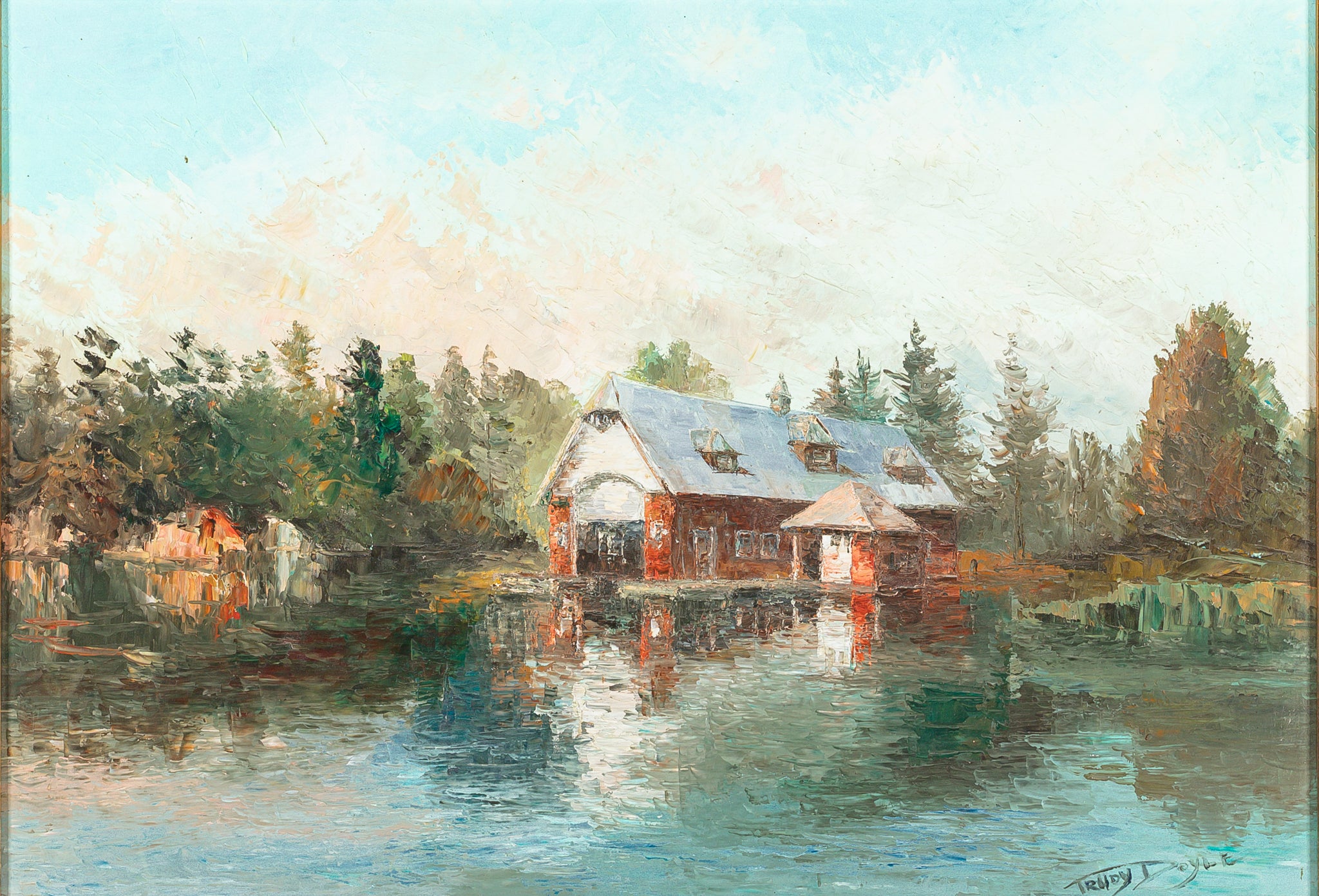 Trudy Doyle (Canadian 1923-2005) Old Boathouse Painting - Vintage Canadian Artwork for Home Decor & Office Wall Art