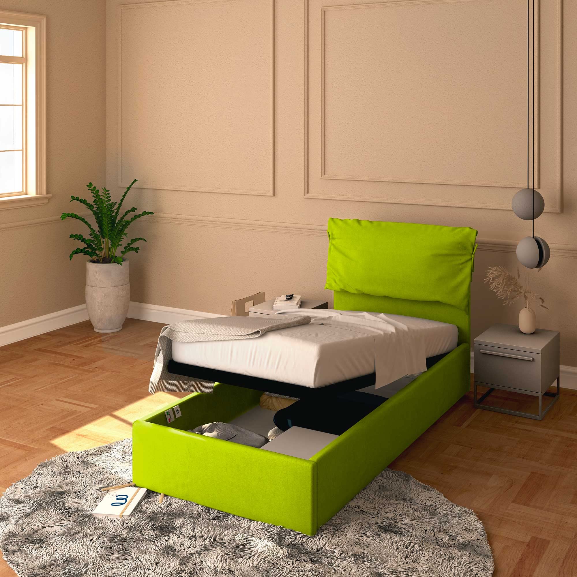 Baldiflex Single Bed with Storage - Licia Soft Synthetic Leather Upholstery, Slatted Base for Single Mattress, 80 x 200 cm, Padded Headboard, Apple Green - Perfect for Small Bedrooms, Guest Rooms & Studio Apartments