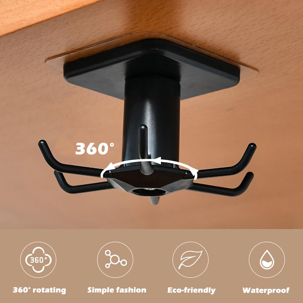 4-Pack 360° Rotating Under Cabinet Hooks - No Drill Adhesive Hanging Rack for Kitchen Utensils, Tools, Towels & Knives (Black) | Space-Saving Storage Solution for Small Kitchens & RVs