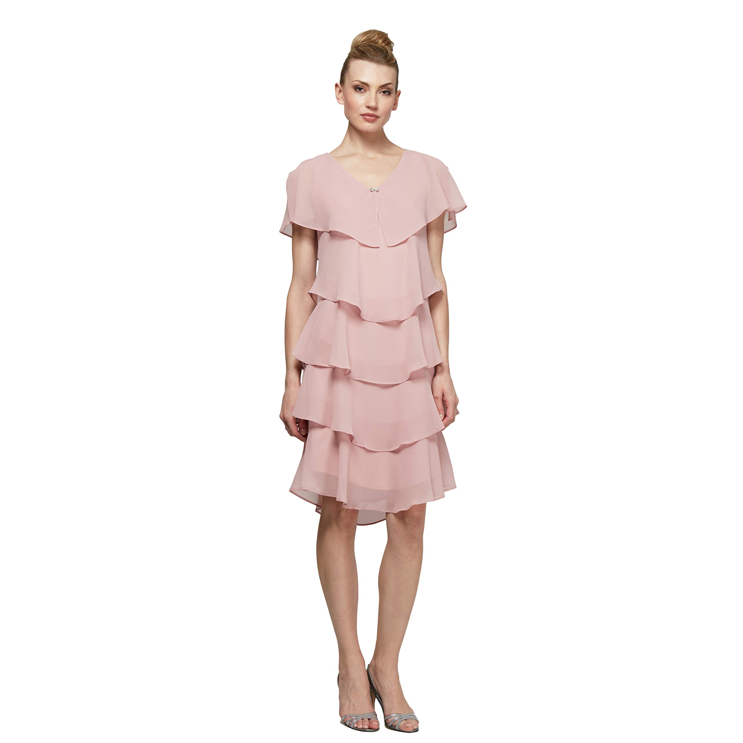 S.L. Fashions Women's Short Sleeve Tiered Chiffon Cocktail Dress - Elegant Wedding Guest Gown for Parties & Special Occasions (Petite & Regular Sizes) | Perfect for Bridal Showers, Evening Events & Formal Gatherings