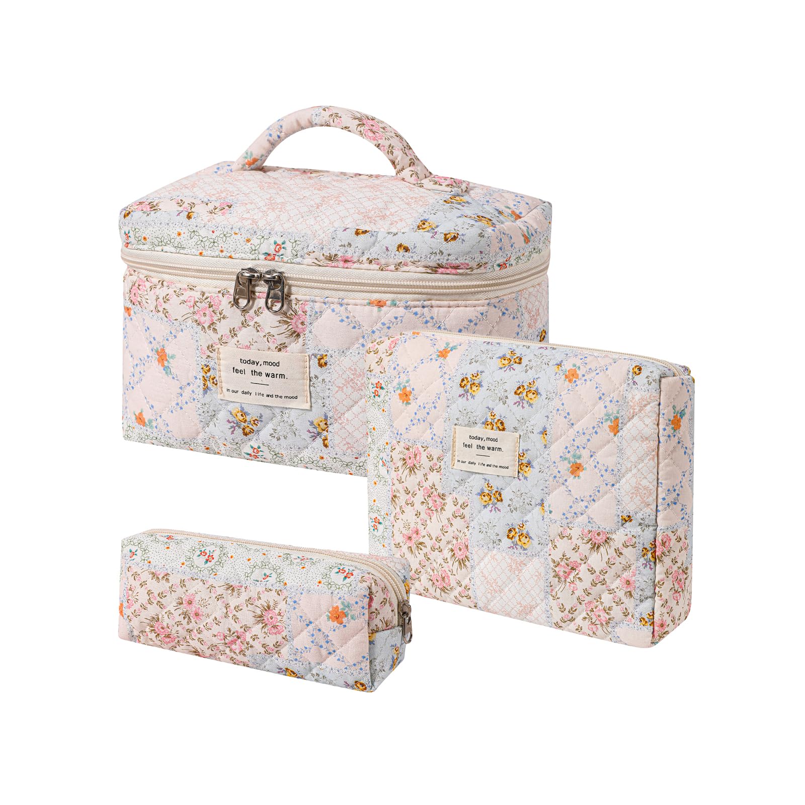 3Pcs Quilted Cotton Makeup Bag Set for Women & Girls - Floral Coquette Toiletry Pouch, Cute Kawaii Travel Cosmetic Organizer (Pink Flower Pattern) - Perfect for Travel, Gym, School & Daily Essentials Storage