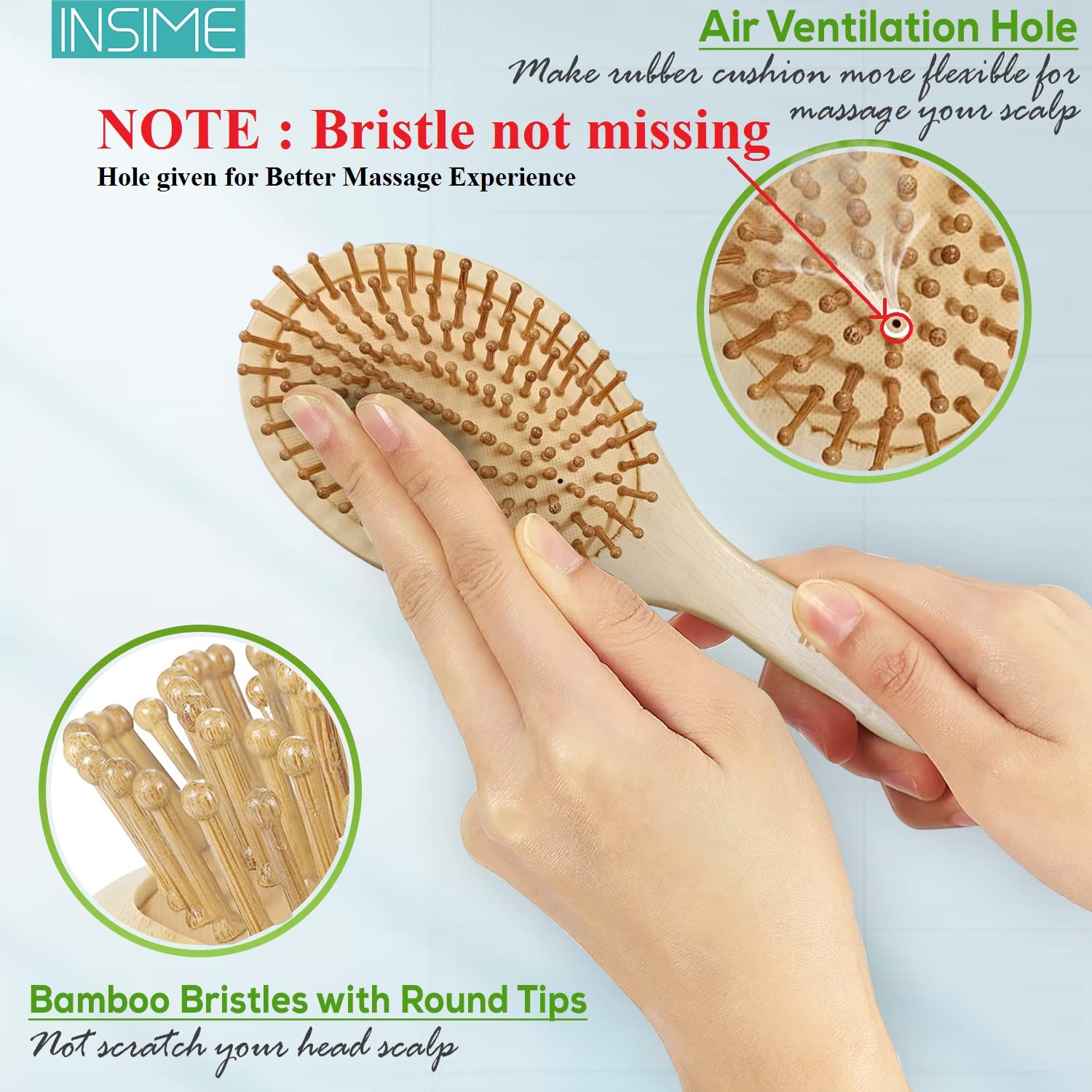 INSIME Bamboo Wooden Hair Brush for Women & Men - Hair Growth & Styling for Curly Hair at Home & Travel