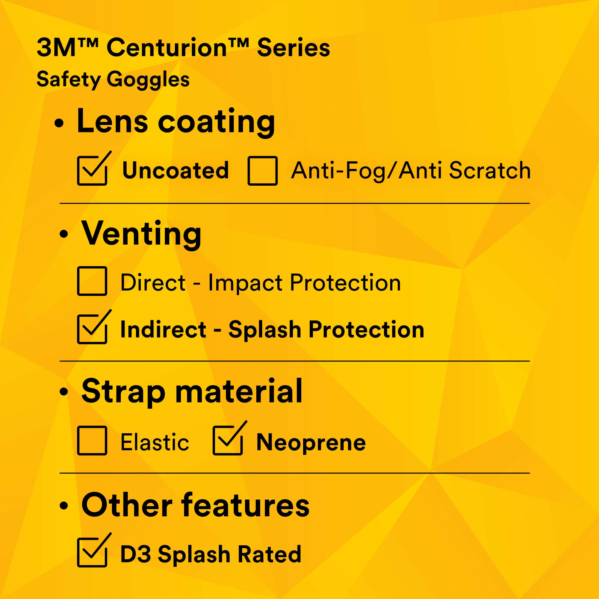 3M Centurion Splash Safety Goggles 454 (40304 00000 10) - Clear Lens Protective Eyewear for Lab Work, Chemical Handling & Industrial Use
