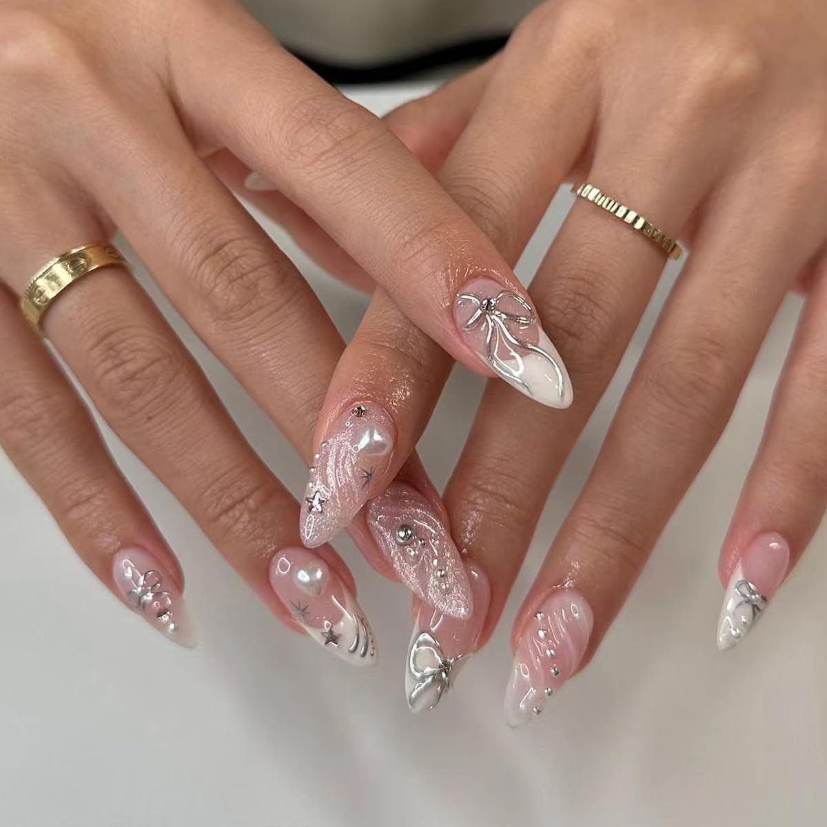 24Pcs Medium French Tip Press on Nails with 3D Silver Bow & Water Ripple Design - Y2K Star Stiletto Fake Nails for Women | Full Cover Stick on Acrylic Nails | Perfect for Parties, Weddings & Everyday Manicure