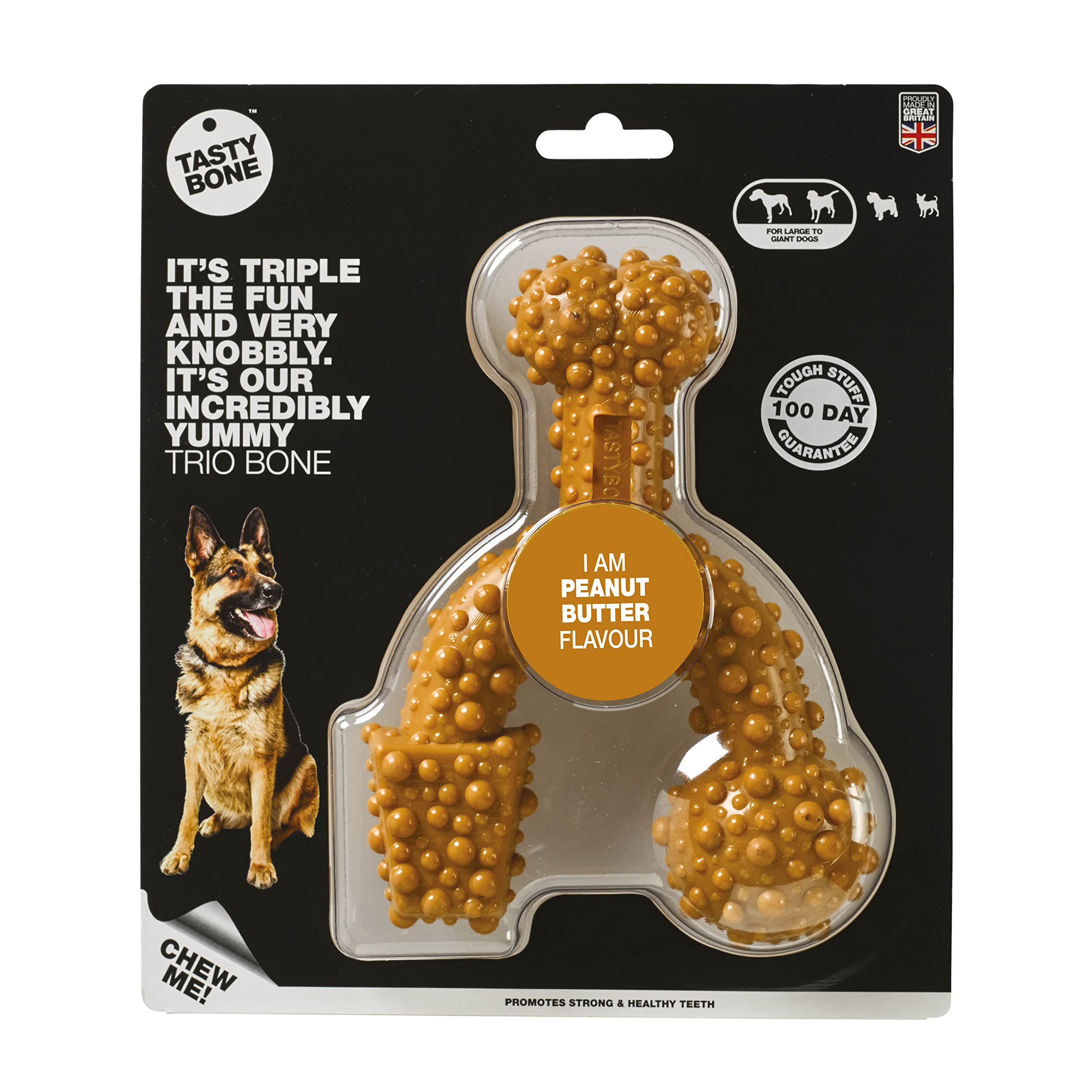 TrioBone Extra Tough Nylon Dog Chew Toy for Large Breeds - Peanut Butter Flavor, Long-Lasting Dental Chew to Promote Healthy Teeth & Gums - Triple Knot Design for Extended Playtime - Made in UK with 100% Virgin Nylon - Perfect for Aggressive Chewers, Teething Puppies & Boredom Relief