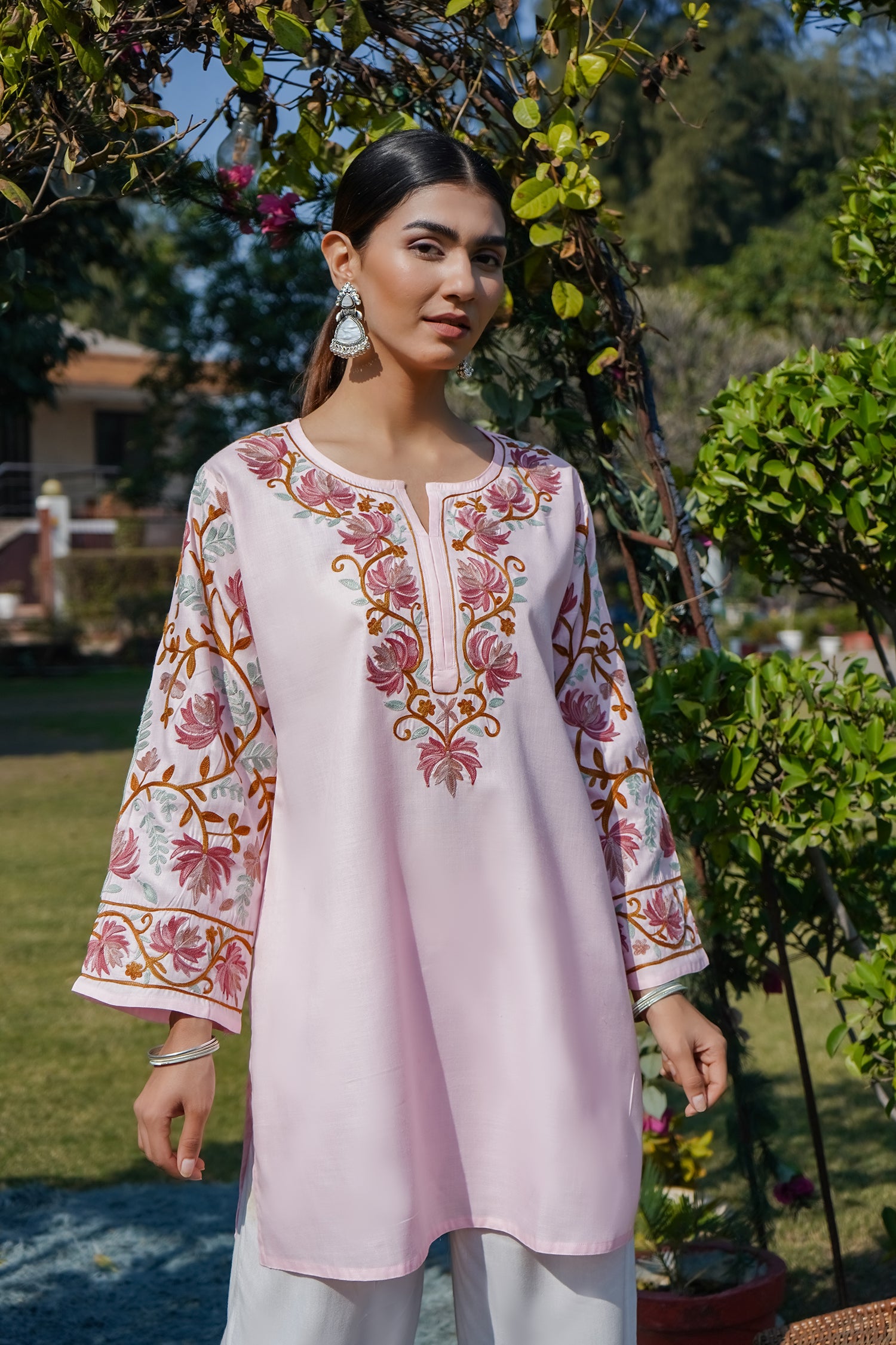 Authentic Kashmiri Aari Work Cotton Short Kurta for Women - Soft Pink Embroidered Tunic Top | Perfect for Casual Wear, Festivals & Ethnic Outfits