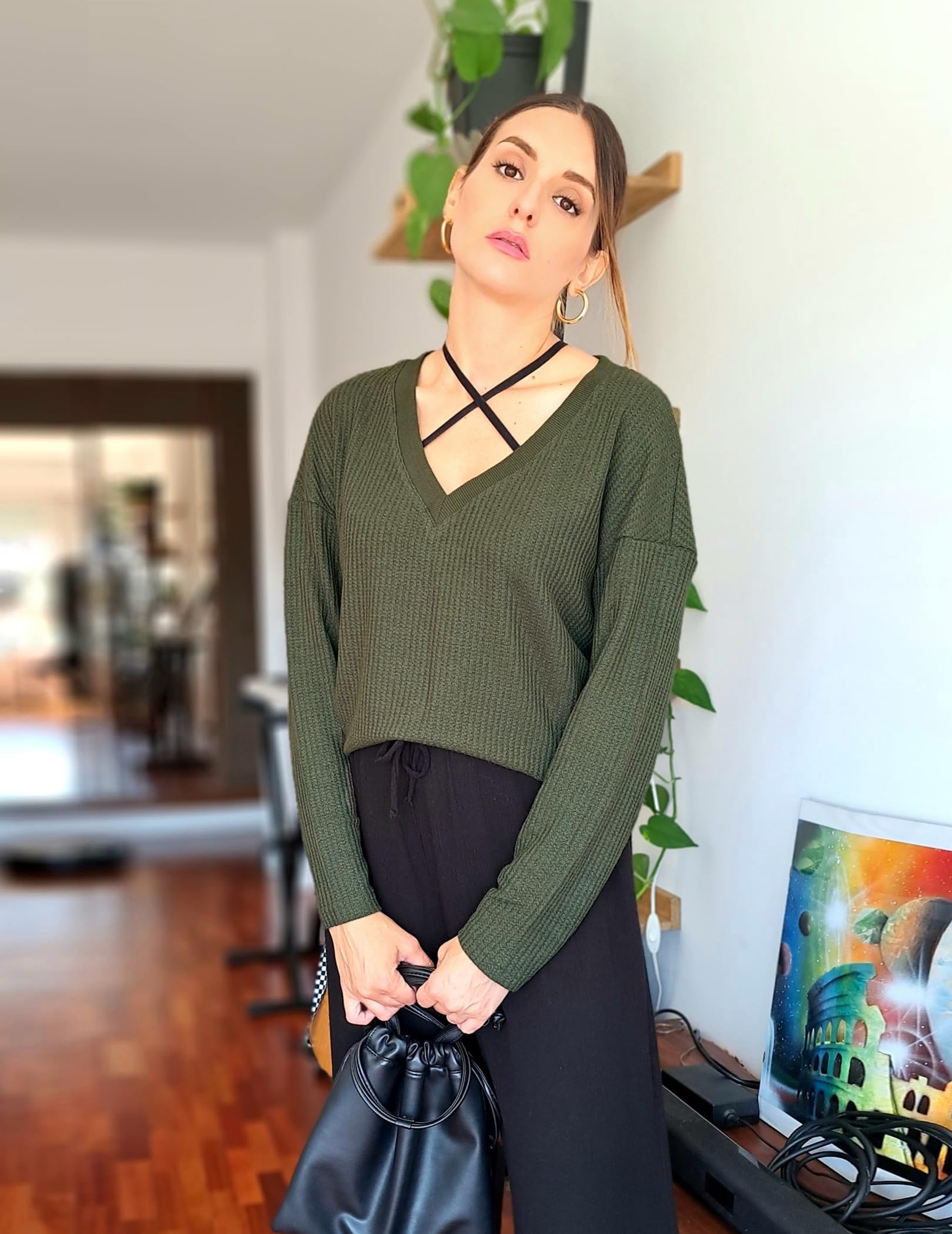 Zeagoo Women's Long Sleeve Waffle Knit Cropped Top - Fashion V-Neck Casual T-Shirt for Layering, Fall Outfits & Everyday Wear