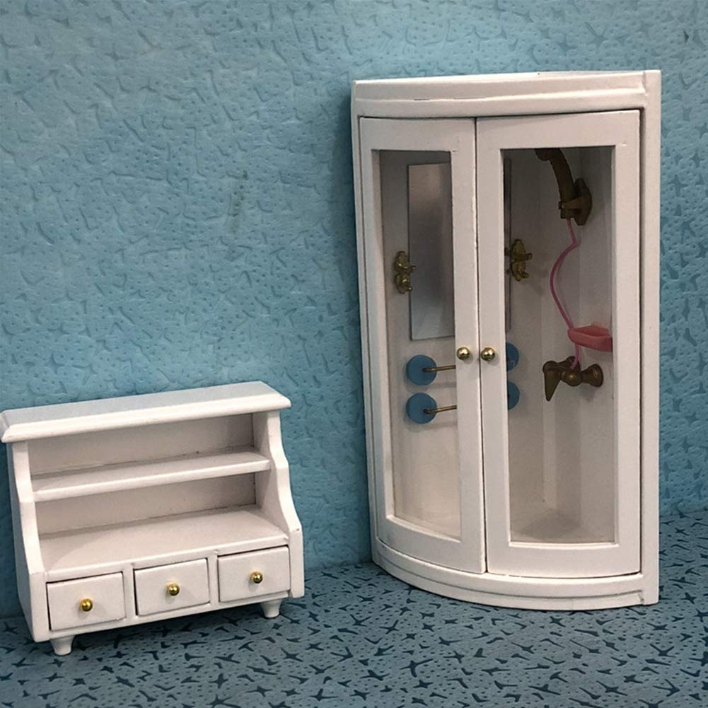 Miniature Wooden Shower Room for Dollhouse - Tiny Bathroom Furniture Set, DIY Dollhouse Accessories for Collectors & Kids (Perfect for 1:12 Scale Miniature House Displays & Creative Play)