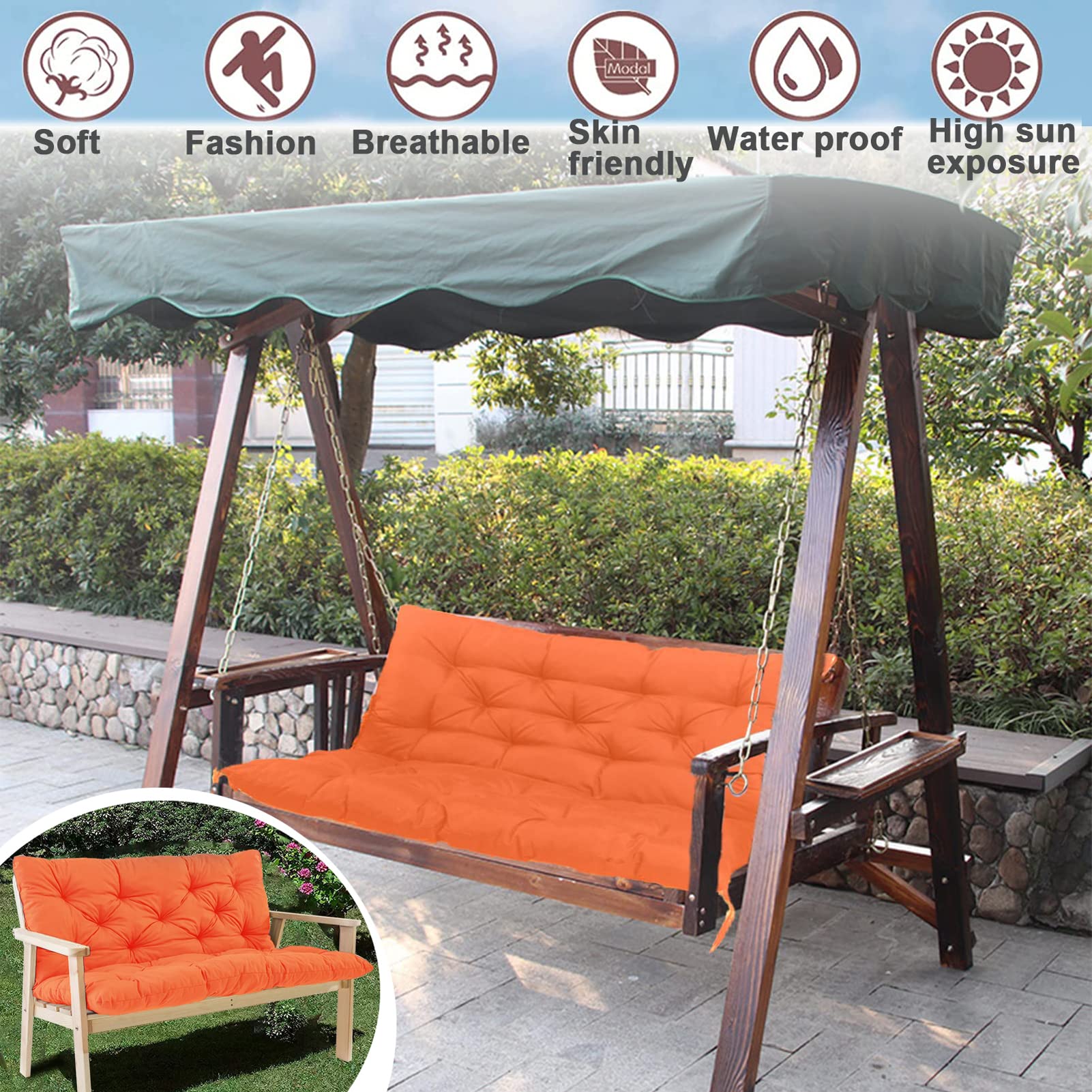 60 Inch Waterproof Outdoor Bench Cushion with Backrest - Thickened 3-Seater Porch Swing Cushion for Patio Furniture (Orange, 40x60 Inch) - Perfect for Garden, Deck, and Backyard Relaxation