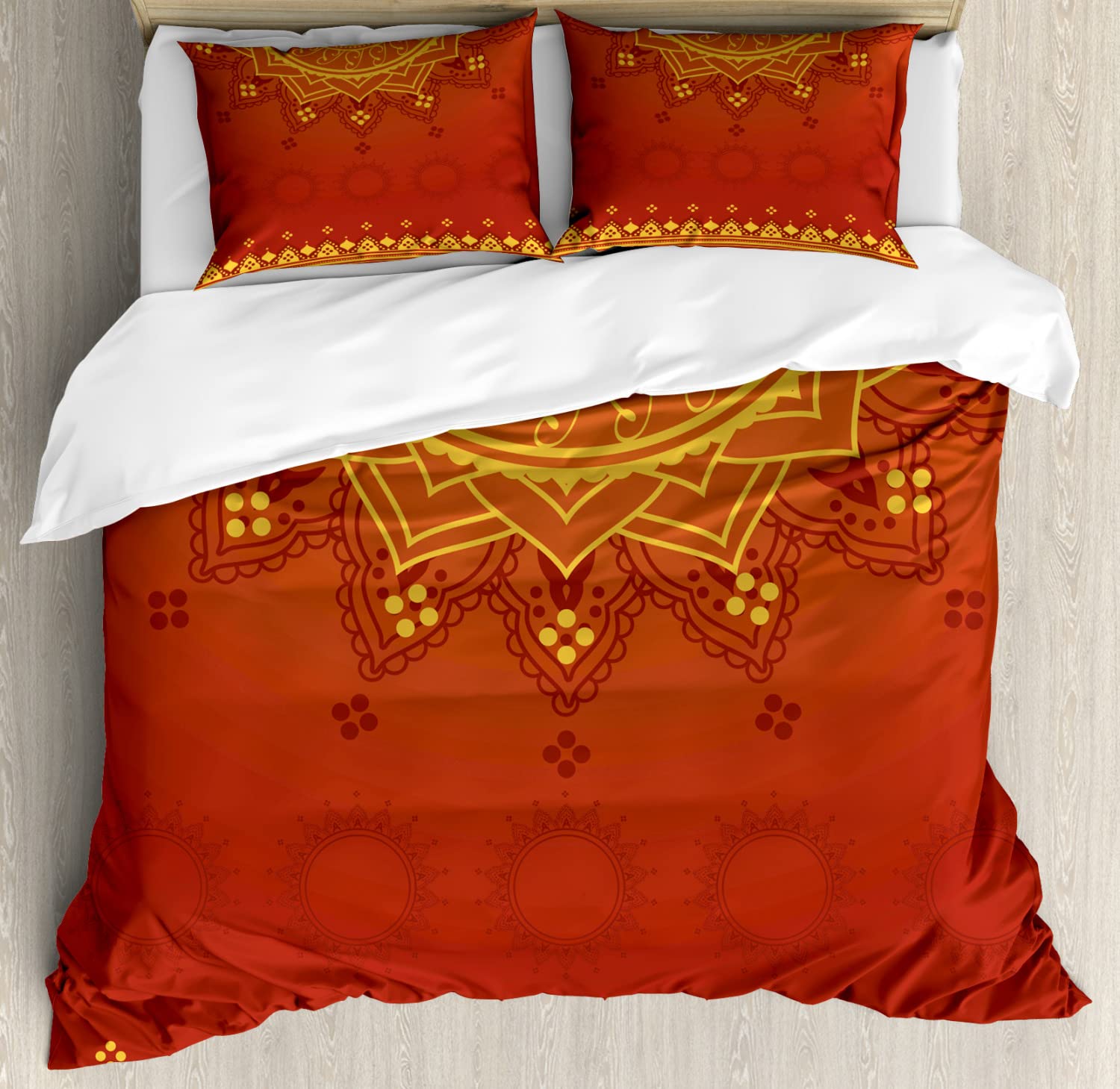 Ambesonne Lotus Duvet Cover Set - Moroccan Traditional Boho Style Bedding with 2 Duvet Covers & 4 Pillowcases, Queen Size 2-Pack in Marigold Orange - Perfect for Bohemian Bedroom Decor & Guest Room Styling
