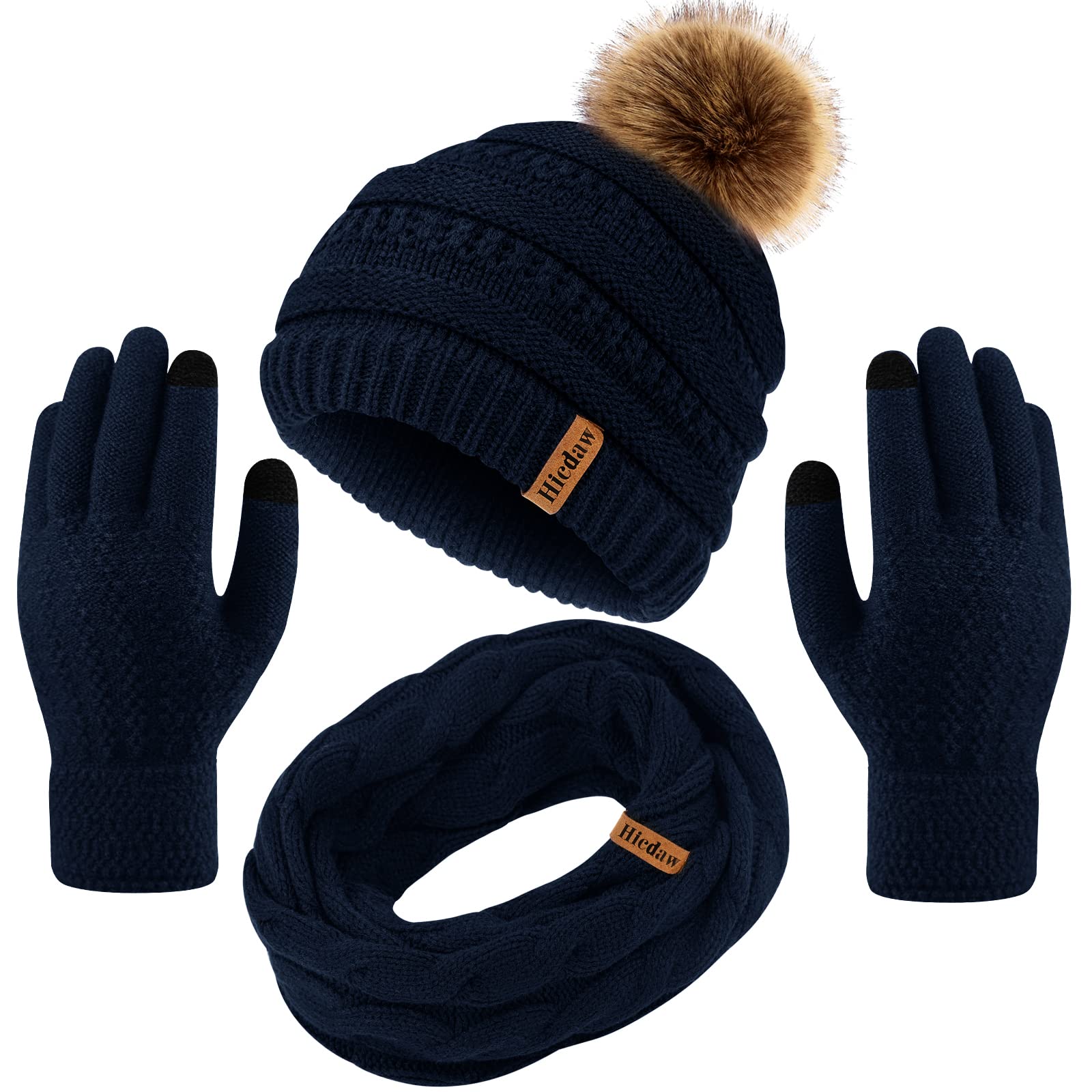 Hicdaw Women's Winter Hat Gloves Scarf Set - Warm Beanie Hat, Circle Loop Scarf & Gloves for Cold Weather - Perfect for Snowboarding, Skiing & Outdoor Activities