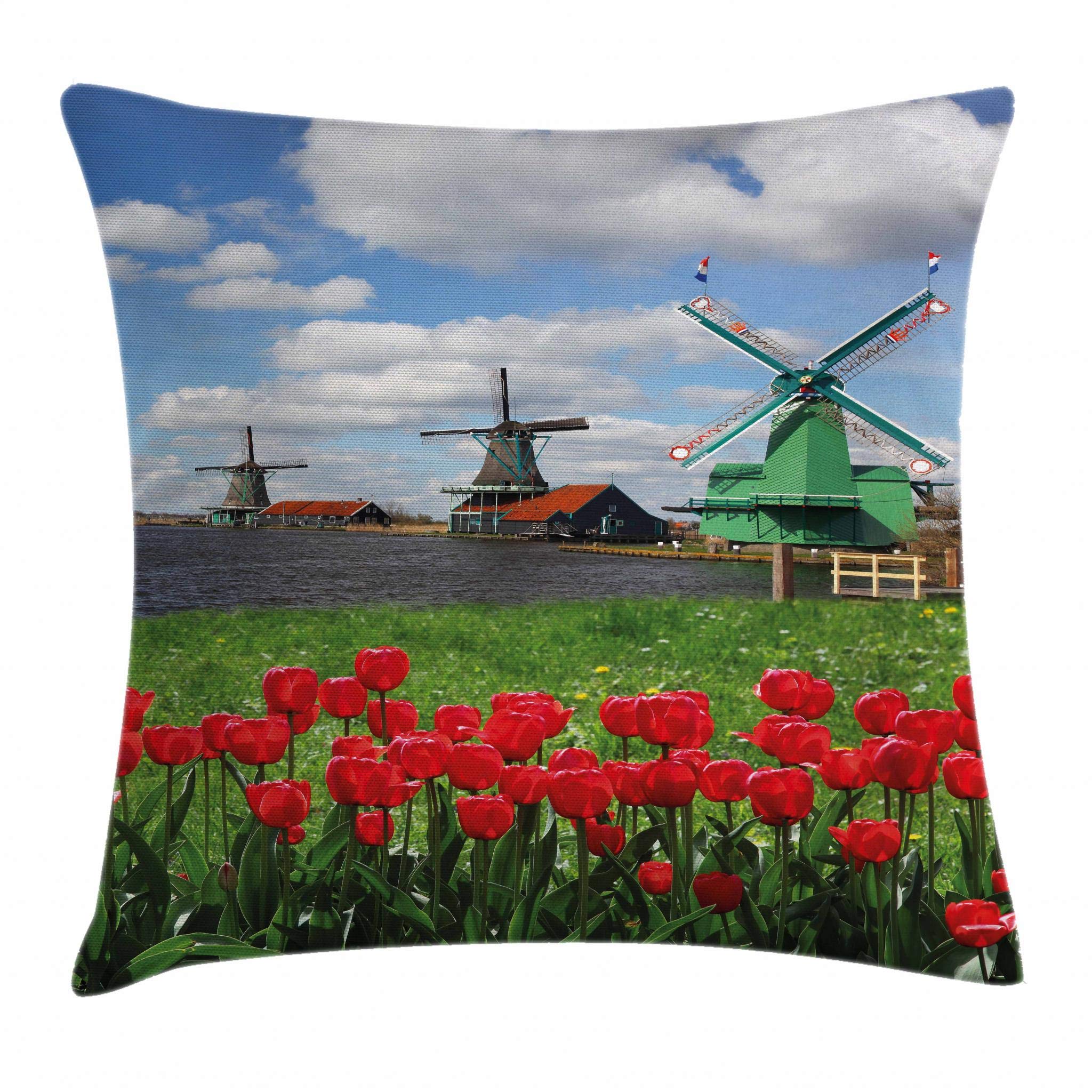 Ambesonne Dutch Windmill Throw Pillow Cover 26x26 Inch - Traditional Red Tulip & Amsterdam Scenic Field Design, Decorative Square Cushion Case for Sofa, Bed, Living Room - Multicolor Home Decor Gift