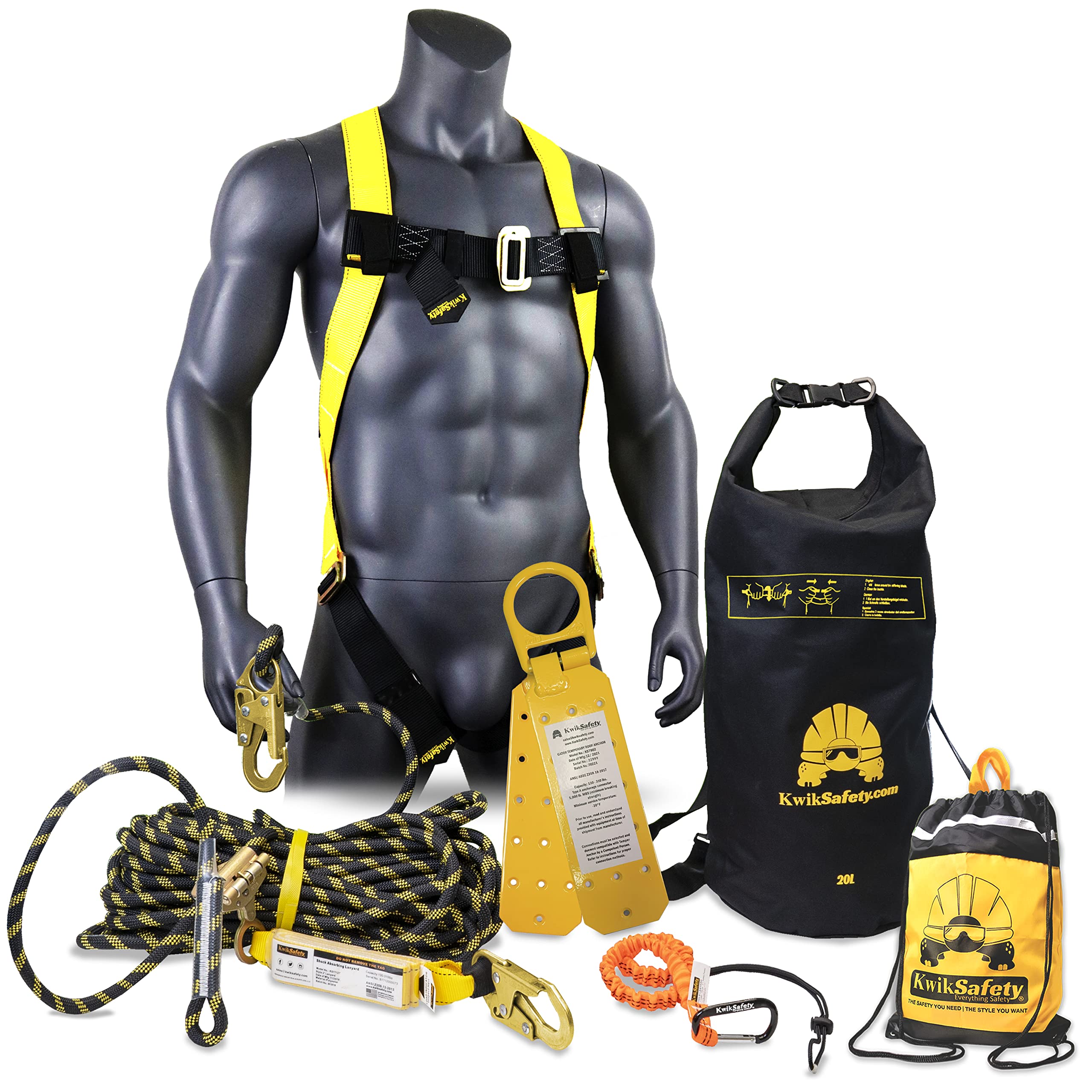 Premium ANSI/OSHA Certified Fall Protection System - KwikSafety Tsunami Kit with Braided Rope Lifeline, D-Ring Harness, Tool Lanyard & Roof Anchor | 50ft Safety Equipment for Roofing, Construction & Industrial Work