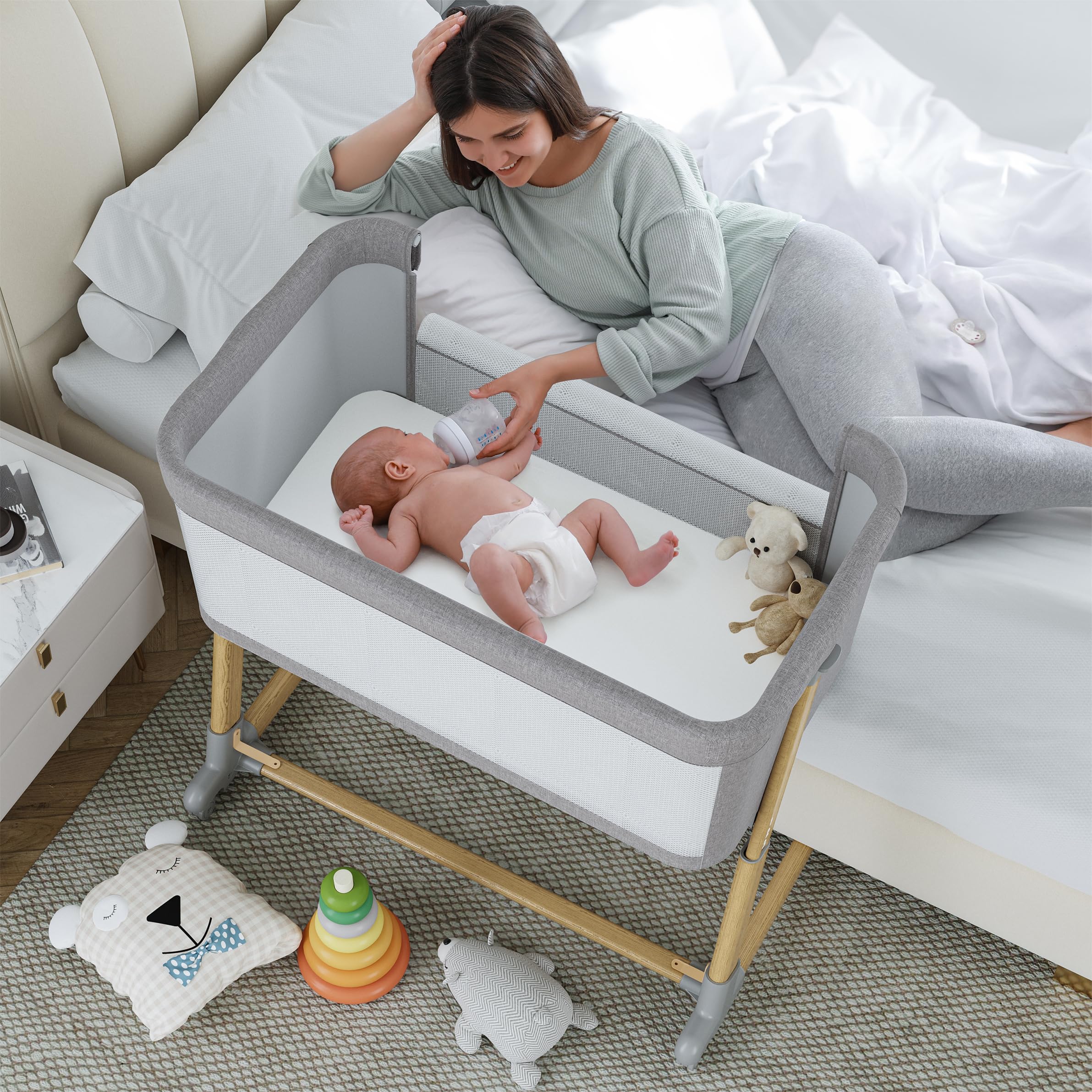 AMKE Baby Bassinets - Breathable Mesh Bedside Sleeper for Newborns & Infants | Portable, Adjustable Crib for Safe Co-Sleeping | Nursery & Bedroom Essential (Wood Grain Gray) | Perfect for Nighttime Feeding & Soothing Baby