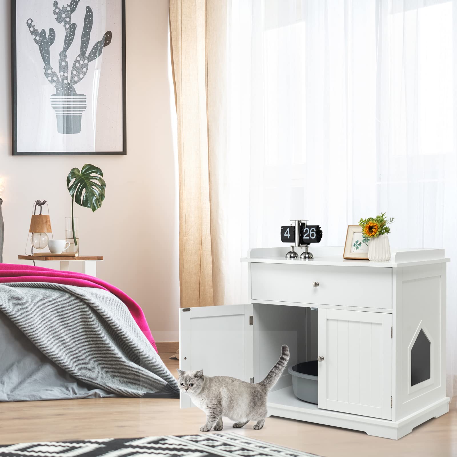 PETSITE Large Cat Litter Box Enclosure - Wooden Cat Washroom End Table with Drawer & 2 Doors, Hidden Litter Box Furniture Storage Cabinet for Home Decor (White) | Perfect for Living Room, Bedroom, or Apartment Spaces