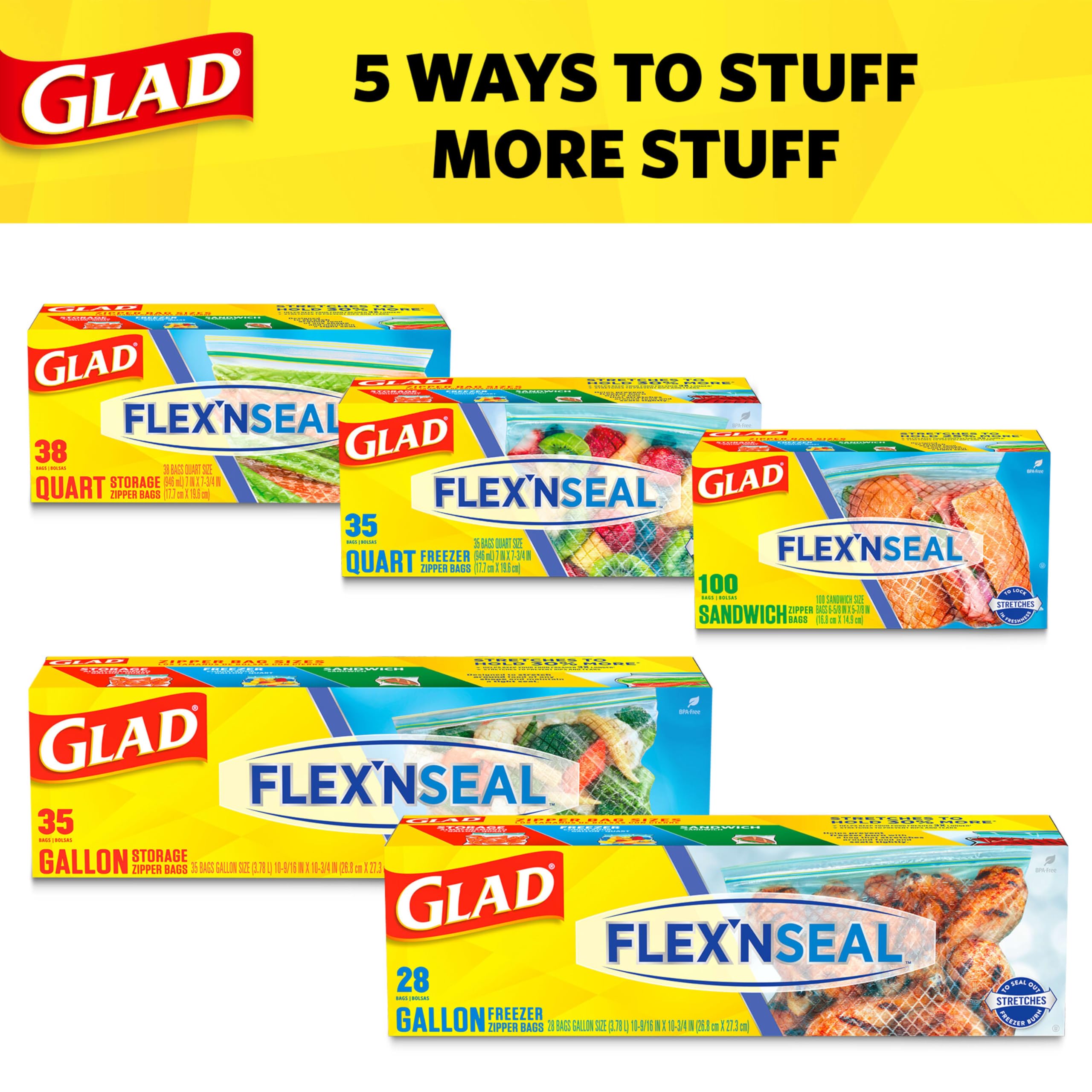 Glad Flex'N Seal Gallon Food Storage Bags - 35 Count (Packaging May Vary) | Airtight Plastic Bags for Freezer, Meal Prep & Leftovers | BPA-Free Kitchen Storage Solution