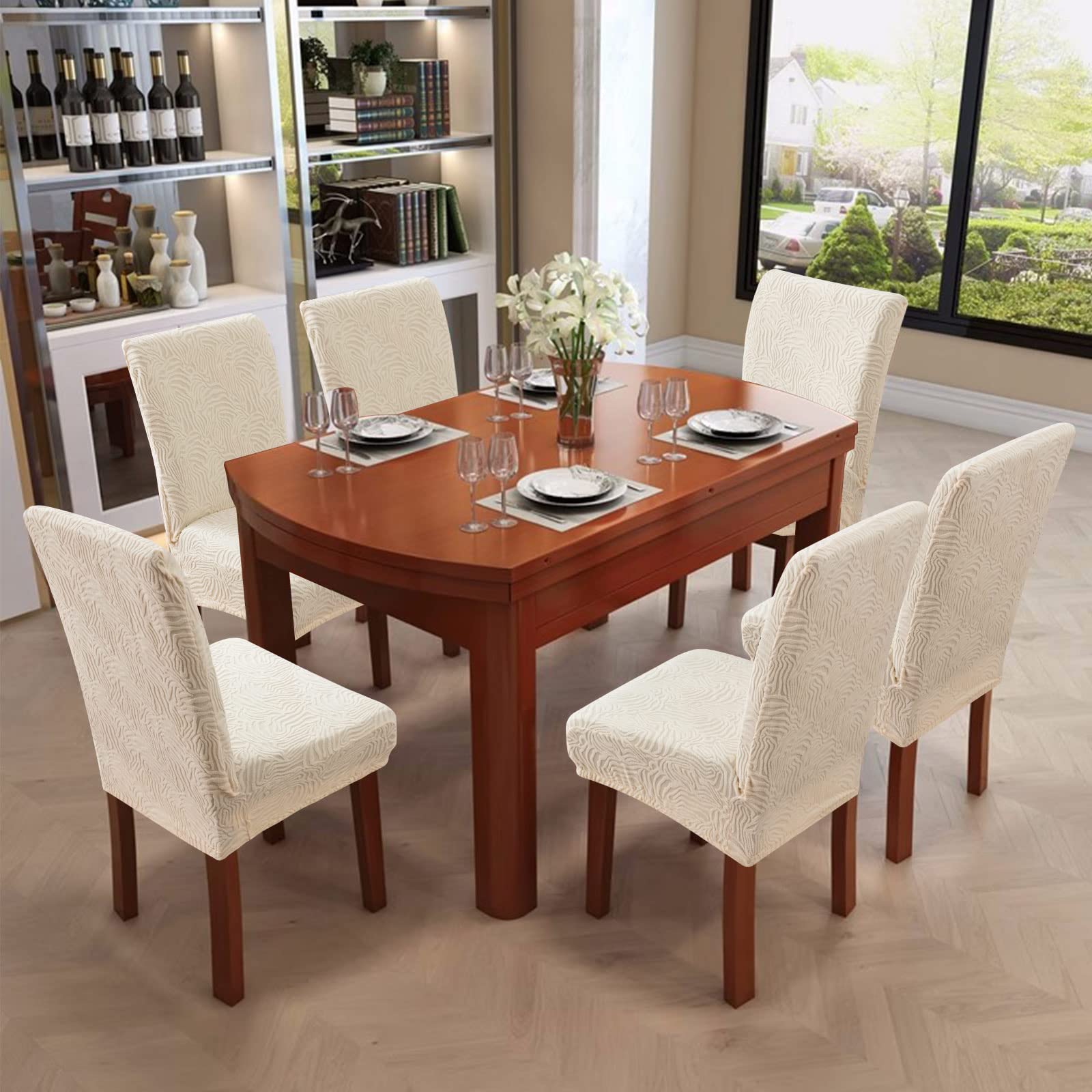 Stretch Dining Chair Covers 6-Pack - Washable & Removable Slipcovers for Kitchen & Dining Room - Beige