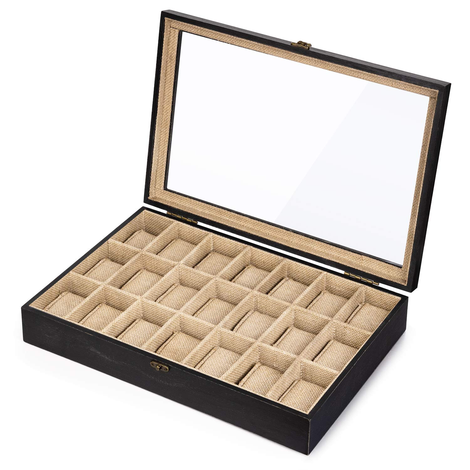 Premium SRIWATANA 21-Slot Wooden Watch Box with Glass Lid - Luxury Watch Organizer Case for Men & Women - Perfect for Watch Collection Display, Storage & Travel (Weathered Black)