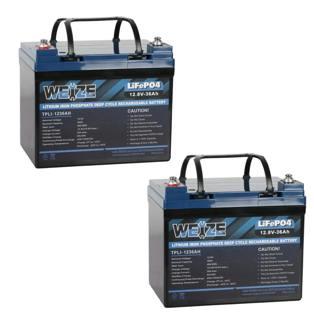 WEIZE 12V 36Ah 460.8Wh Lithium LiFePO4 Deep Cycle Battery - Perfect for Solar Power Systems, Marine Applications, RV Camping & Off-Grid Energy Storage