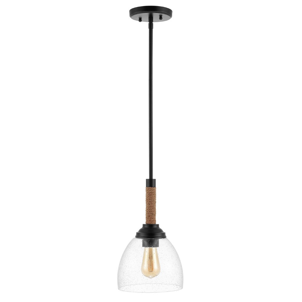 Adjustable Rope Wrap Modern Rustic Iron/Glass LED Pendant Light - 7.63 Inch Hanging Fixture for Kitchen Island, Dining Room & Farmhouse Decor | Dimmable Edison Bulb Included