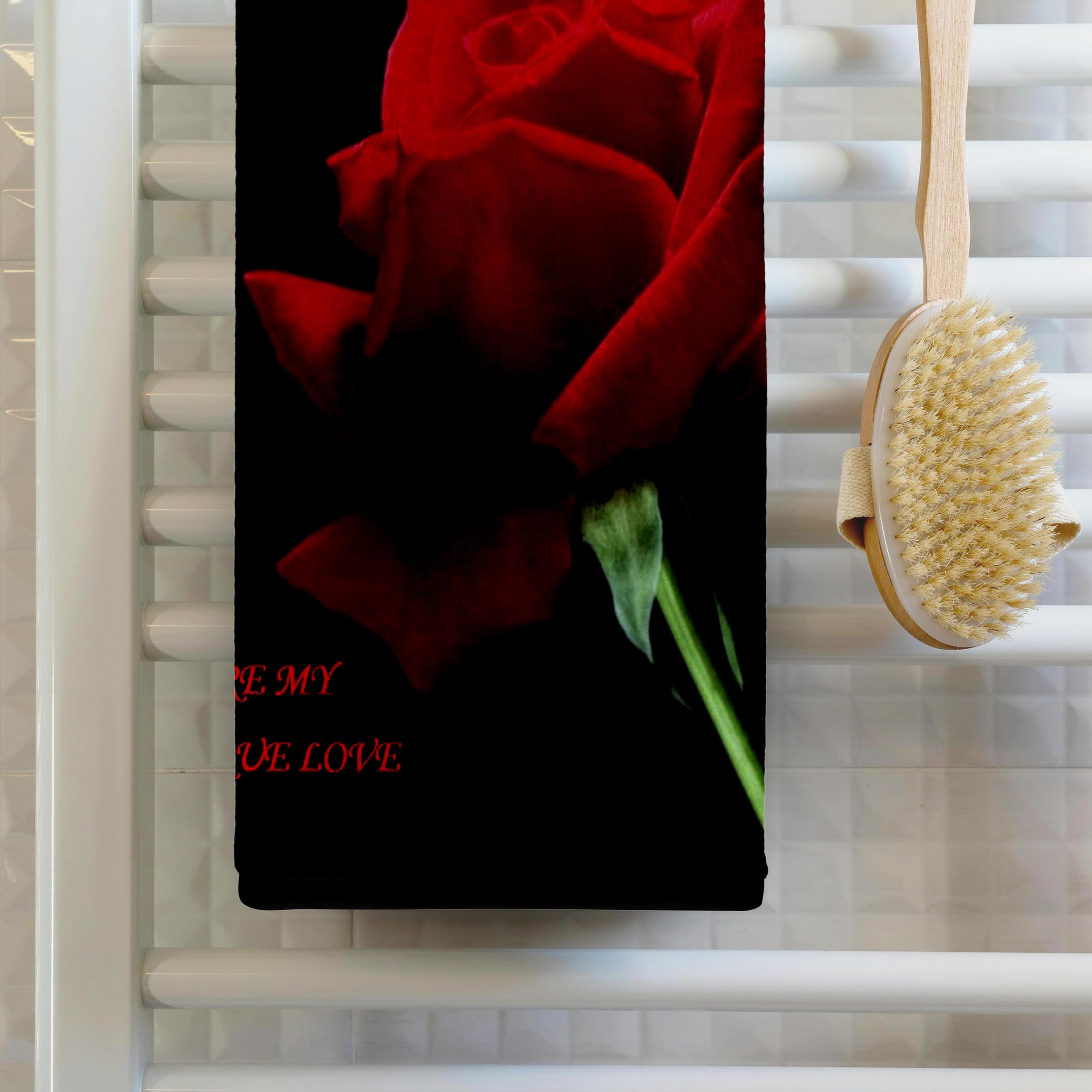 3D Rose 'You Are My One True Love' Single Red Rose on Black Towel - 15