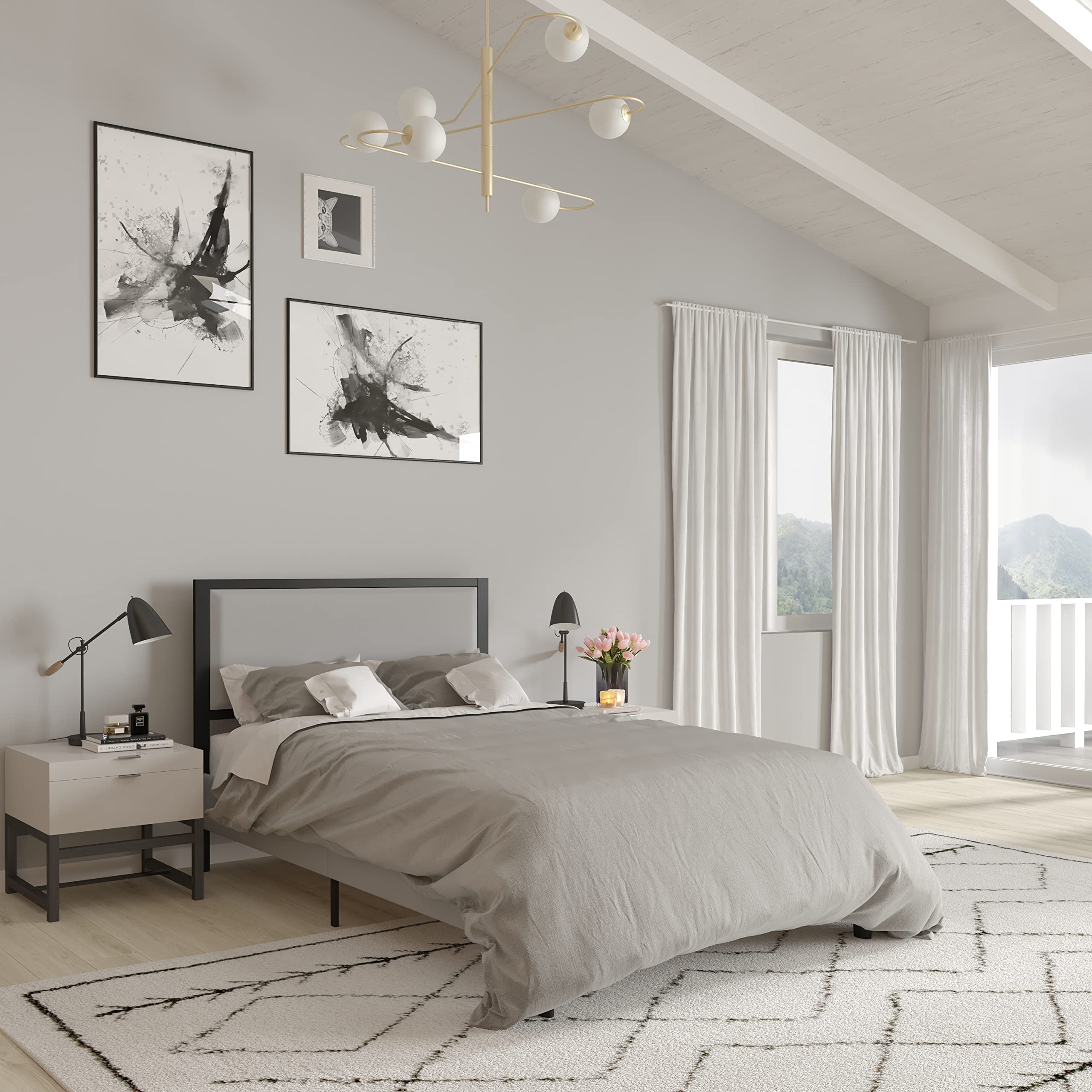 Merrick Lane West Avenue Full Size Headboard - Contemporary Light Gray Fabric Upholstered Design with Adjustable Rail Slots for Bed Frame - Perfect for Modern Bedroom Decor and Guest Room Setup
