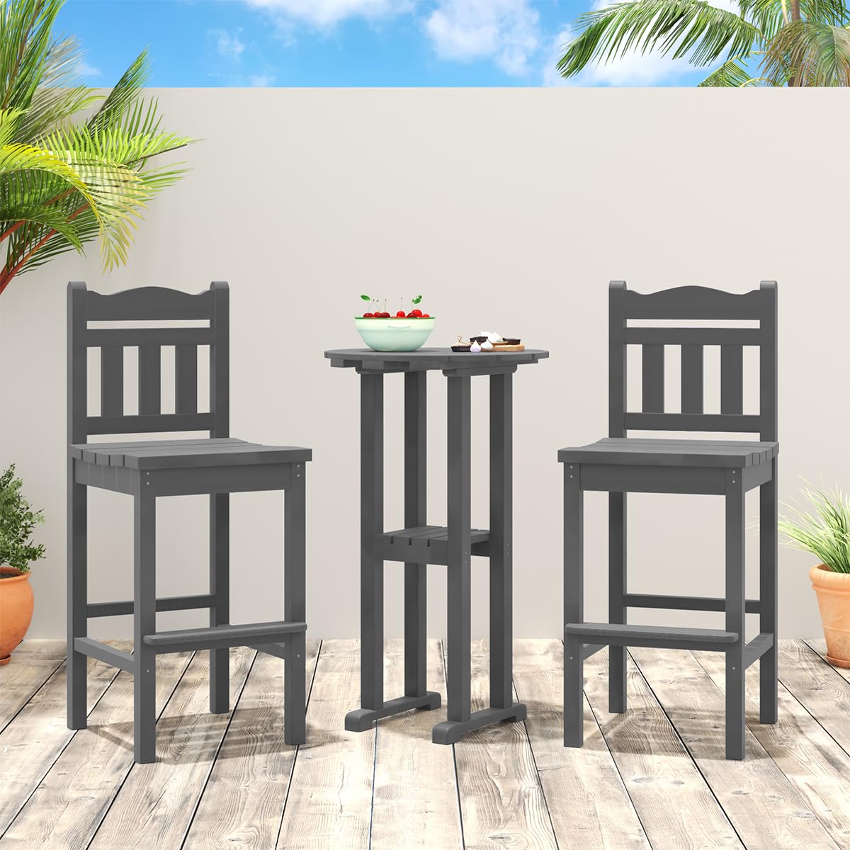 Sundale Outdoor 3-Piece Adirondack Bar Set - 2 Counter Height Adirondack Chairs & Round Side Table - Durable HDPE Stools for Patio, Deck, or Garden - Gray Bistro Dining Furniture for Outdoor Entertaining