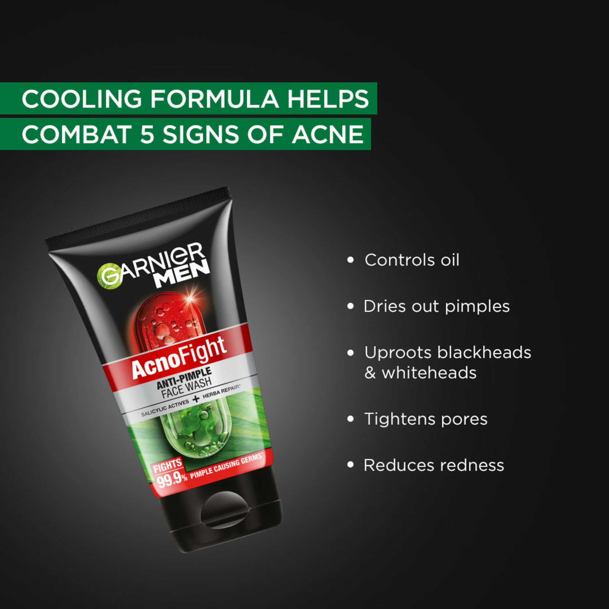 Garnier Men Acno Fight Anti Pimple Face Wash with Salicylic Acid & Herba Repair - 150g Oil-Free Cleanser for Acne-Prone Skin | Daily Skincare Routine for Men, Prevents Breakouts & Soothes Irritation