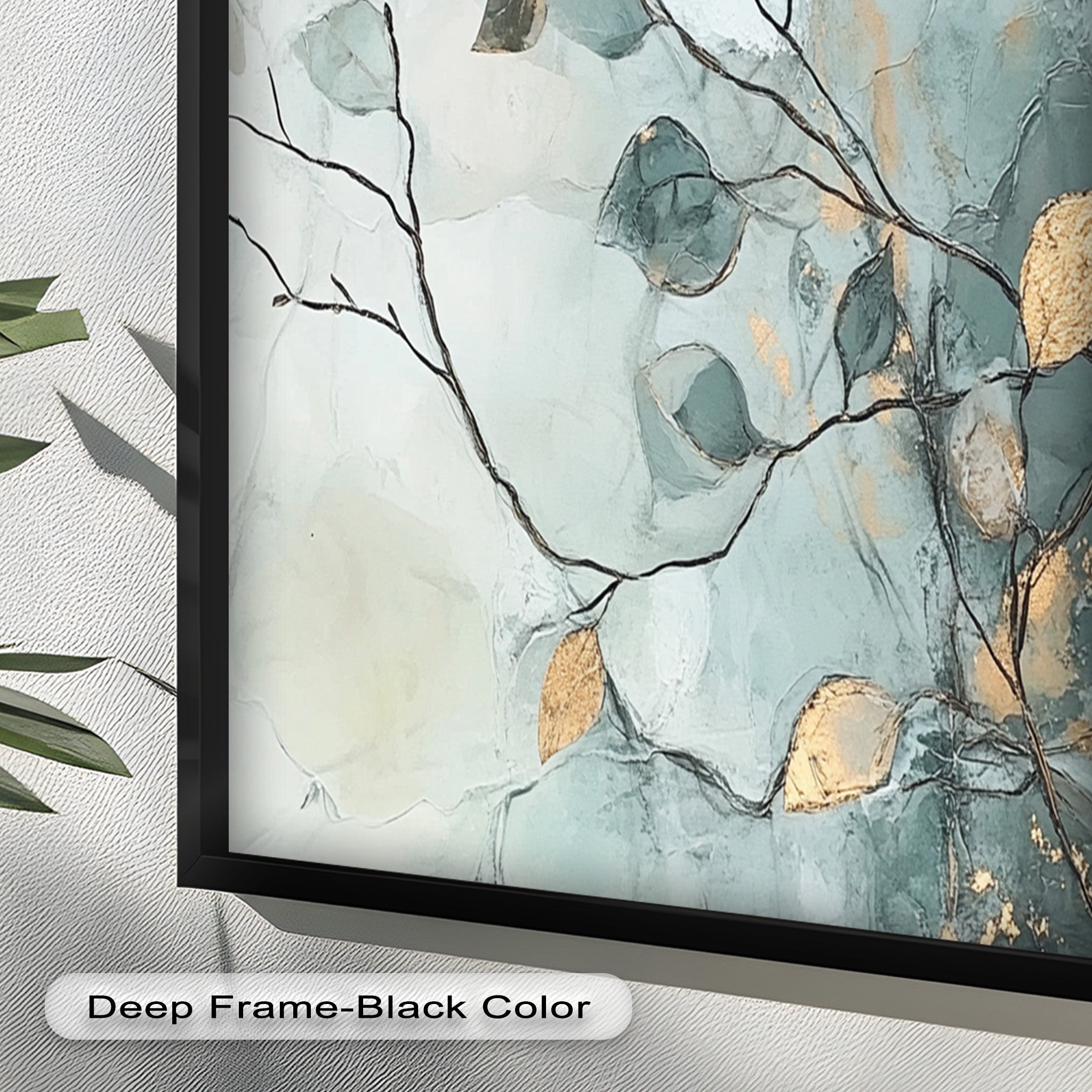 Blue and Metallic Leaf Branch Abstract Oil Painting - Handmade Canvas Wall Art for Living Room, Bedroom & Office Decor