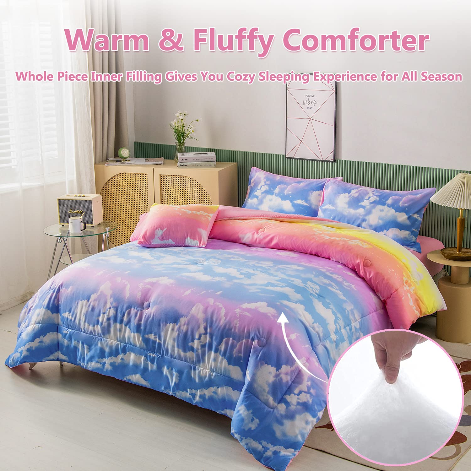 PERFEMET White Cloud Print Girls Comforter Set Queen Size 6 Pieces - Tie Dye Rainbow Bedding Set for Teen Girls - Includes Comforter, Sheets & Pillowcases - Perfect for Dorm Rooms, Sleepovers & Birthday Gifts