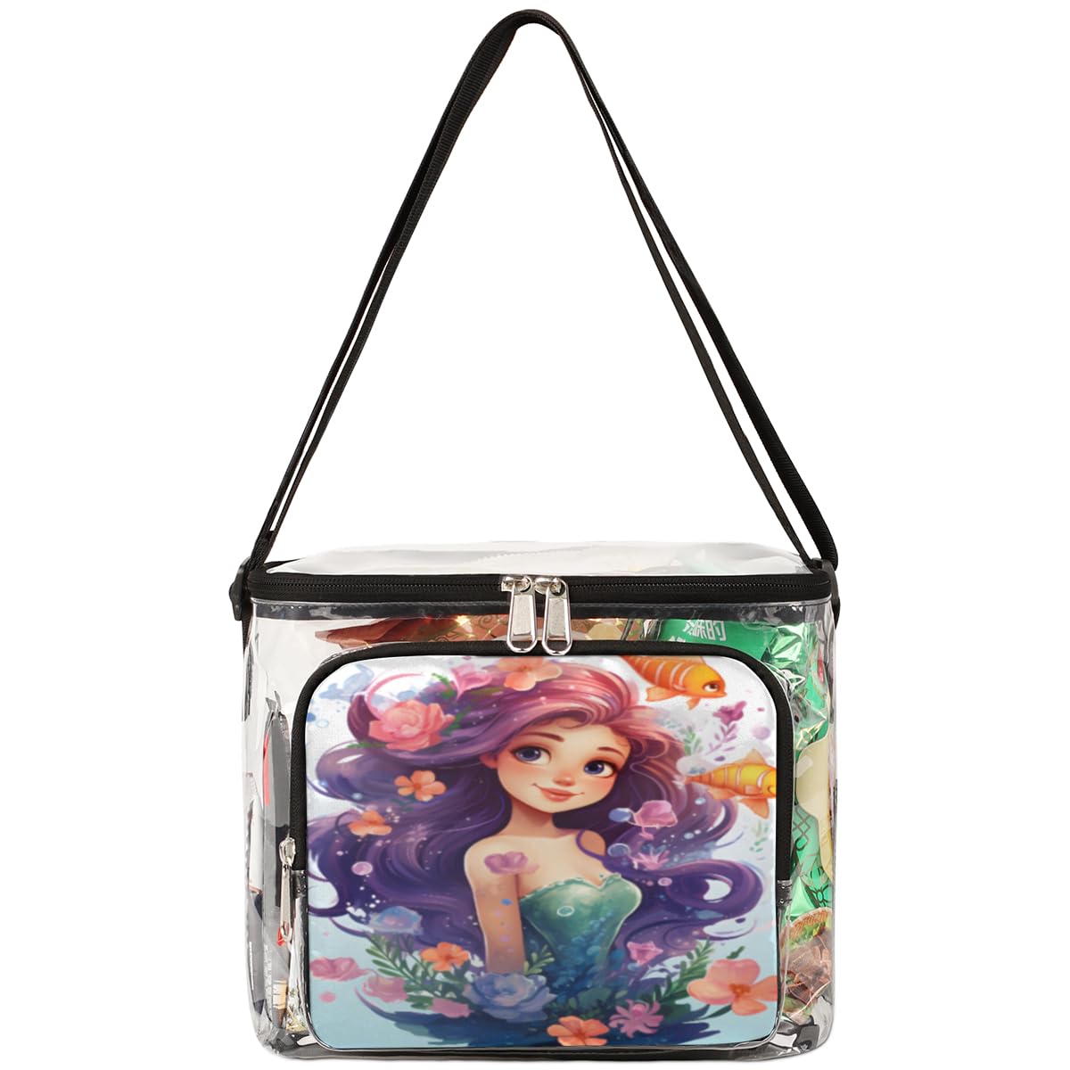GzLeyigou Mermaid Print Clear Tote Bag with Handles - Transparent Crossbody Shoulder Bag for Women, Gold Fish Design Lunch Bag - Perfect for Beach, Travel, Picnic, Concerts, Sports Events & Stadium Approved (Multi-Color)