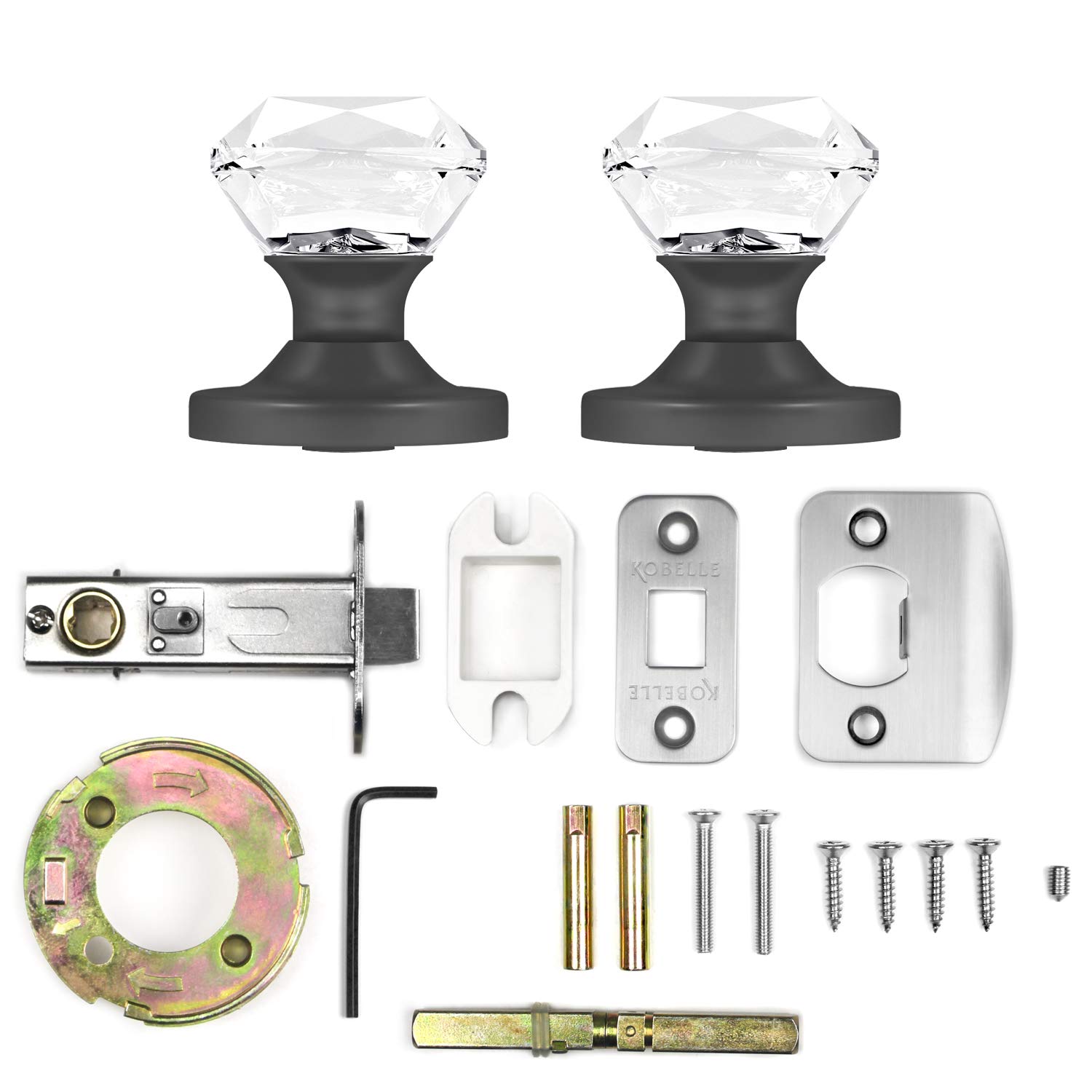 (8 Pack) Dark Grey Princess Cut Crystal Door Knobs with Round Rosette - Elegant Cabinet & Drawer Hardware for Bedroom, Bathroom, Closet, and Home Decor