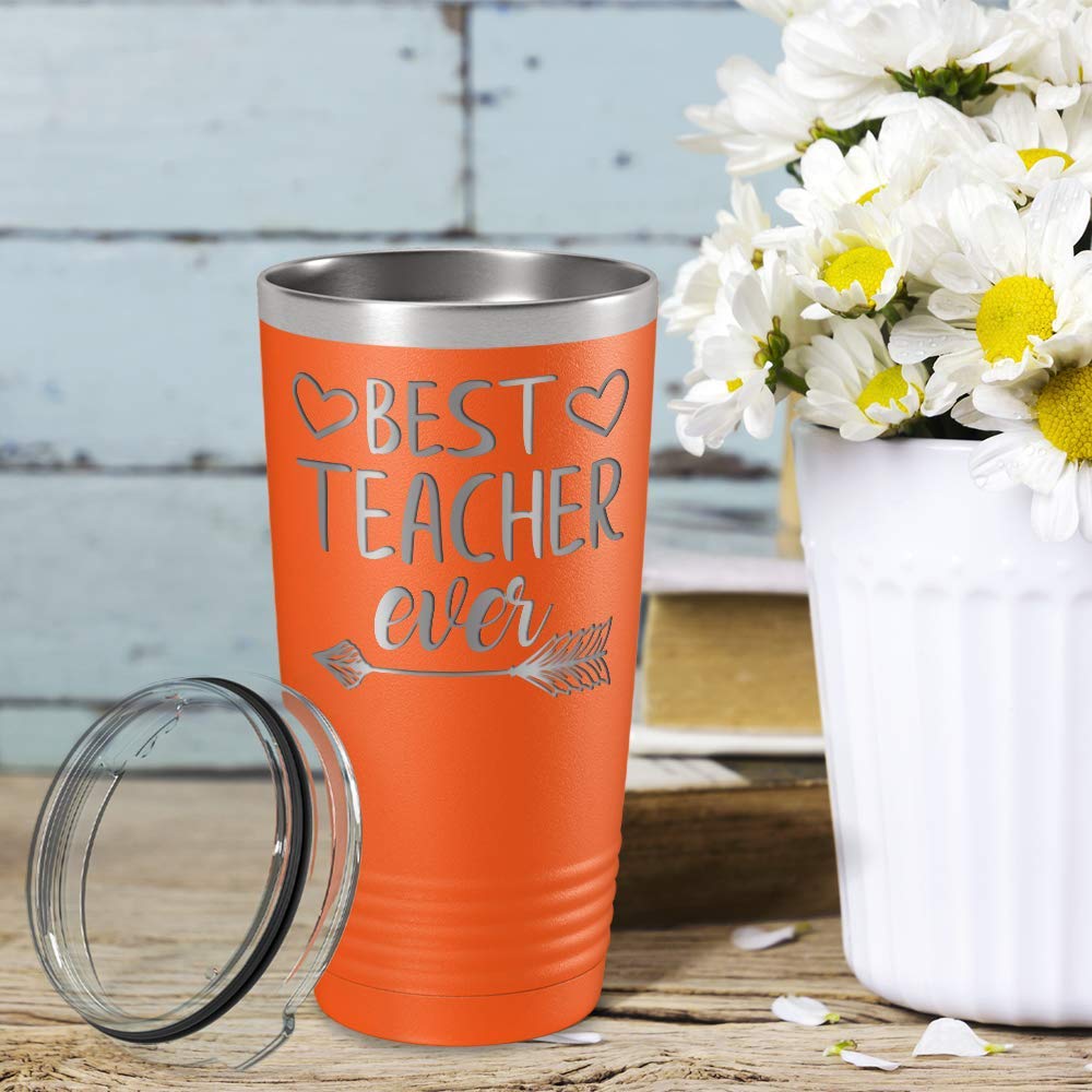 Best Teacher Ever Gift - 20 oz Orange Stainless Steel Tumbler with Lid & Straw | Insulated Travel Mug for Hot/Cold Drinks | Perfect for Classroom, Office, or Commuting