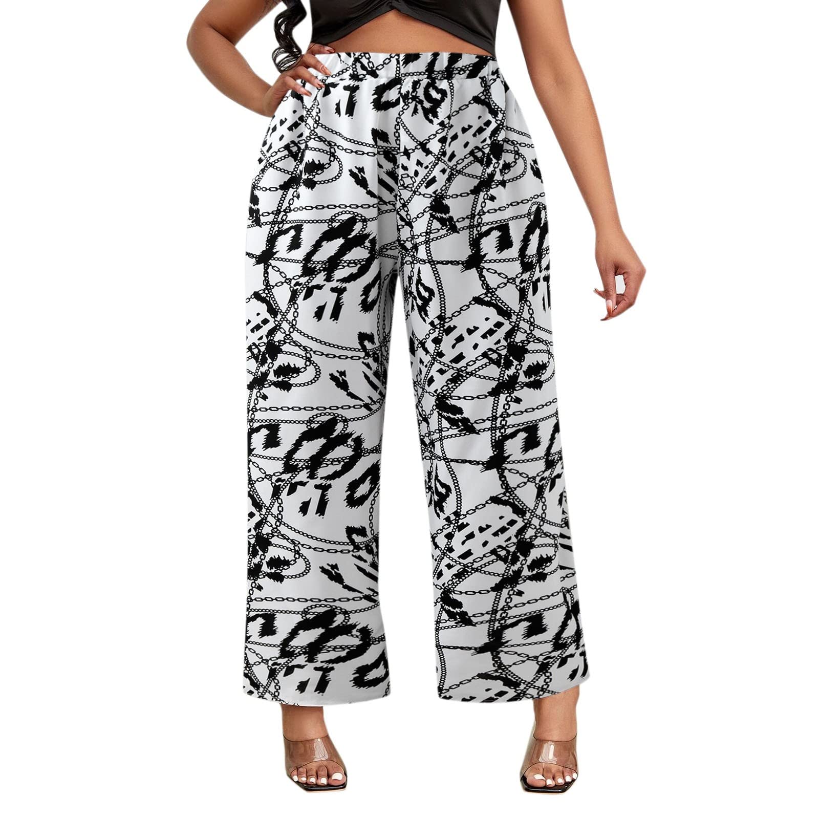 **Plus Size Women's Wide Leg Casual Pants with Allover Print & Side Slits - Comfortable & Stylish for Work, Travel & Everyday Wear**