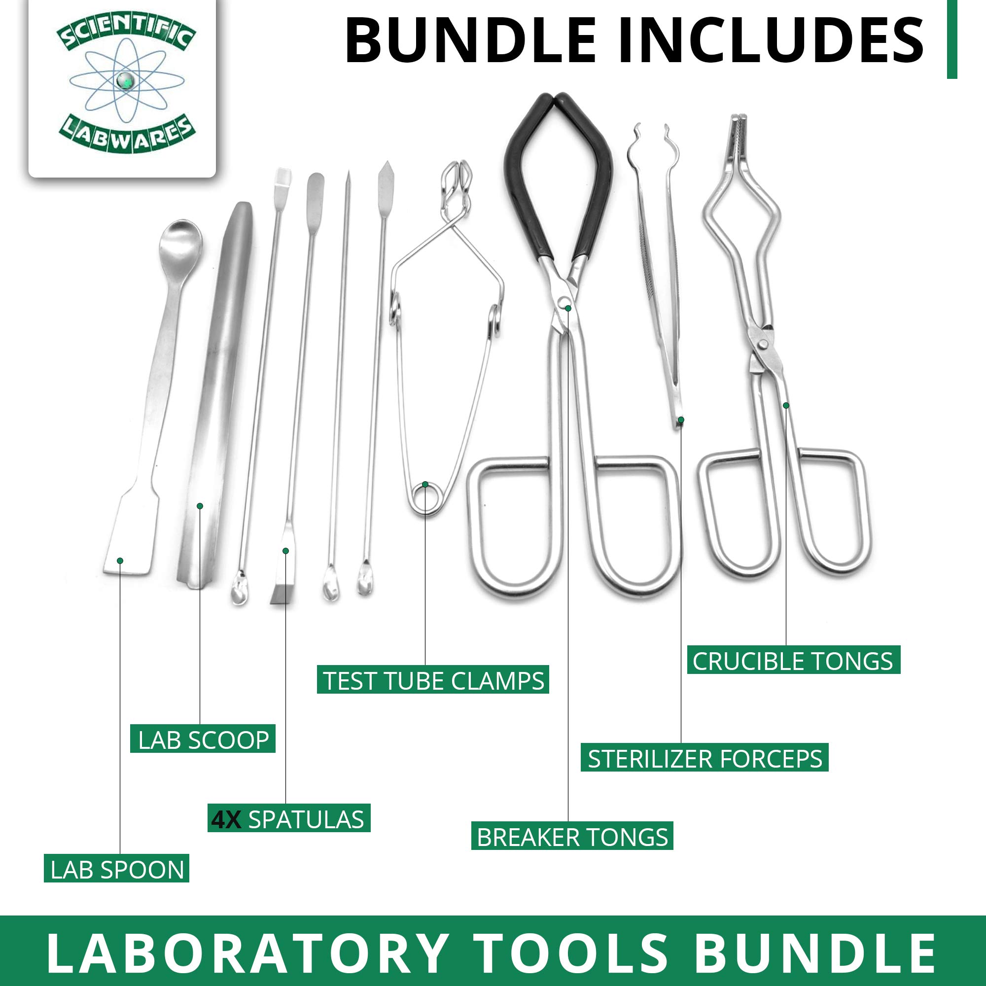 Premium Lab Tools Starter Kit - Crucible, Beaker Tongs, Lab Spatula, Scoop Spoon, Test Tube Clamps, Sterilizer, Forceps & Tweezers - High-Quality Essential Equipment for Chemistry Experiments & Science Labs