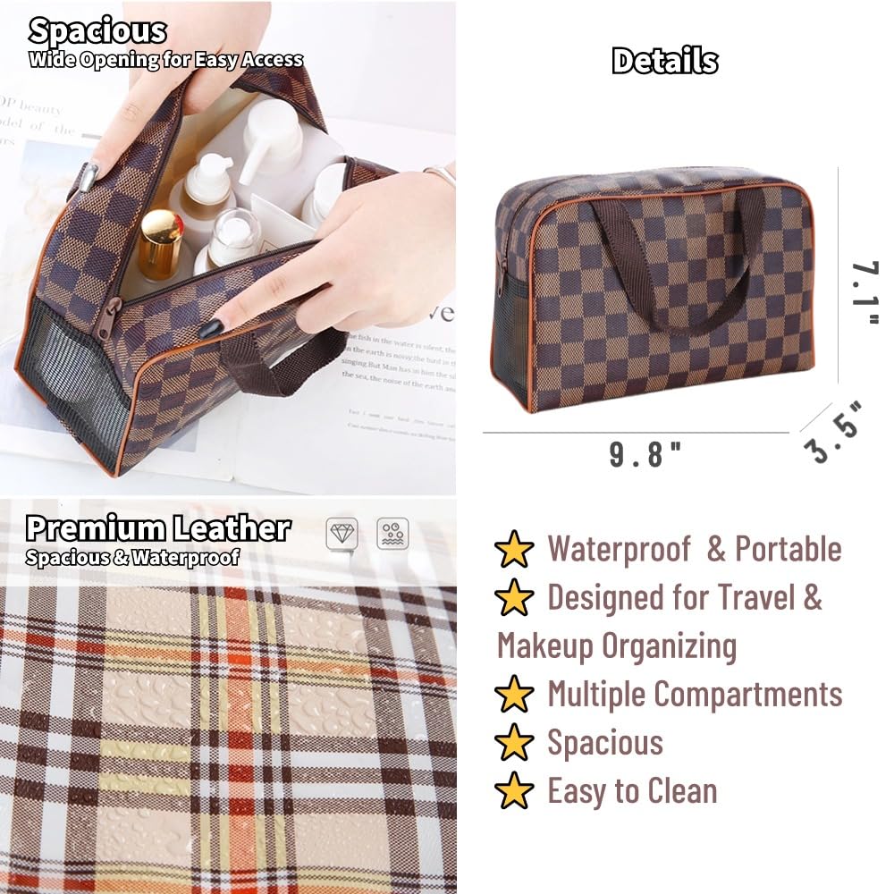 Waterproof Travel Makeup Bag - Large Capacity Cosmetic Organizer Pouch with Handles, Washable Toiletry Bag for Women (Brown) | Perfect for Vacation, Gym & Daily Essentials Storage