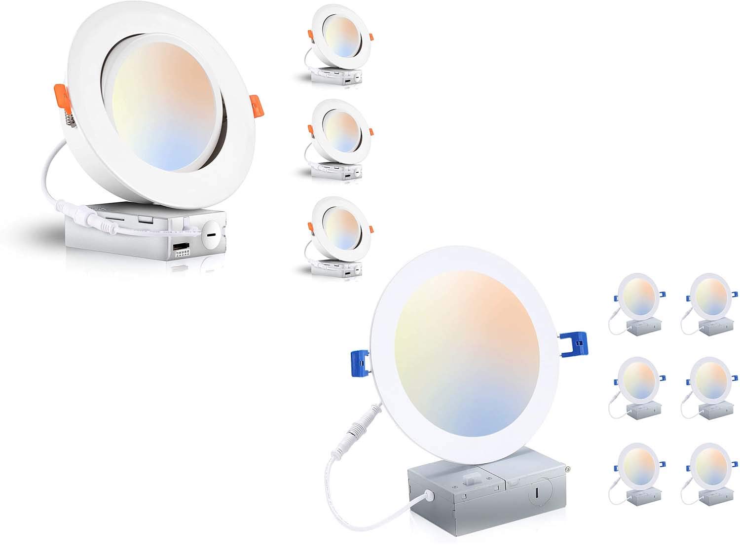 CLOUDY BAY 6 Inch 3-Color Temperature Recessed LED Lights (6 Pack) & 5-Color Adjustable Gimbal Recessed Lights (4 Pack) Combo - Perfect for Living Room, Bedroom, and Kitchen Lighting
