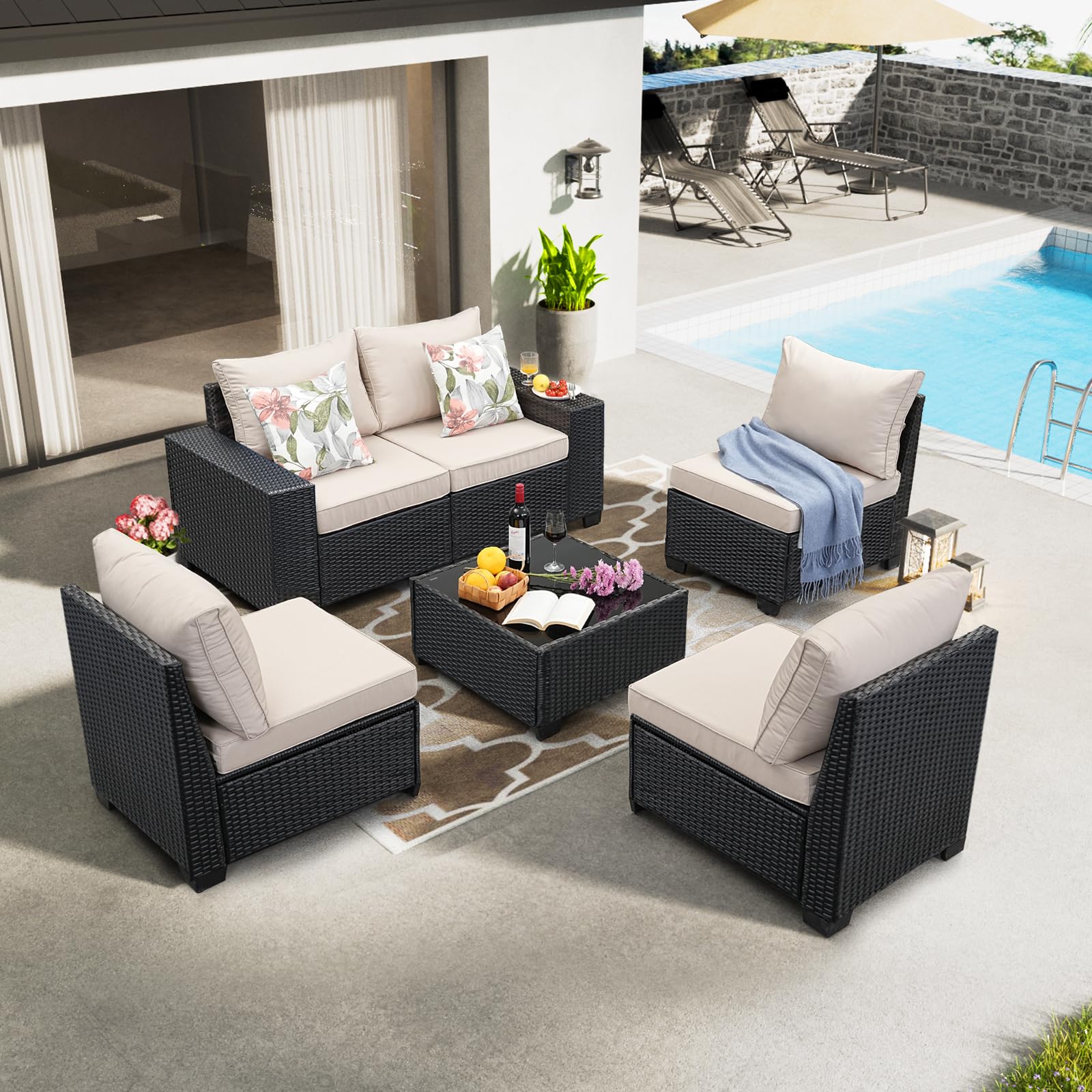 6-Piece All-Weather Outdoor Wicker Patio Furniture Set - Rattan Sectional Sofa with Cushions & Glass Coffee Table - Beige Conversation Set for Porch, Poolside, Garden or Backyard Relaxation