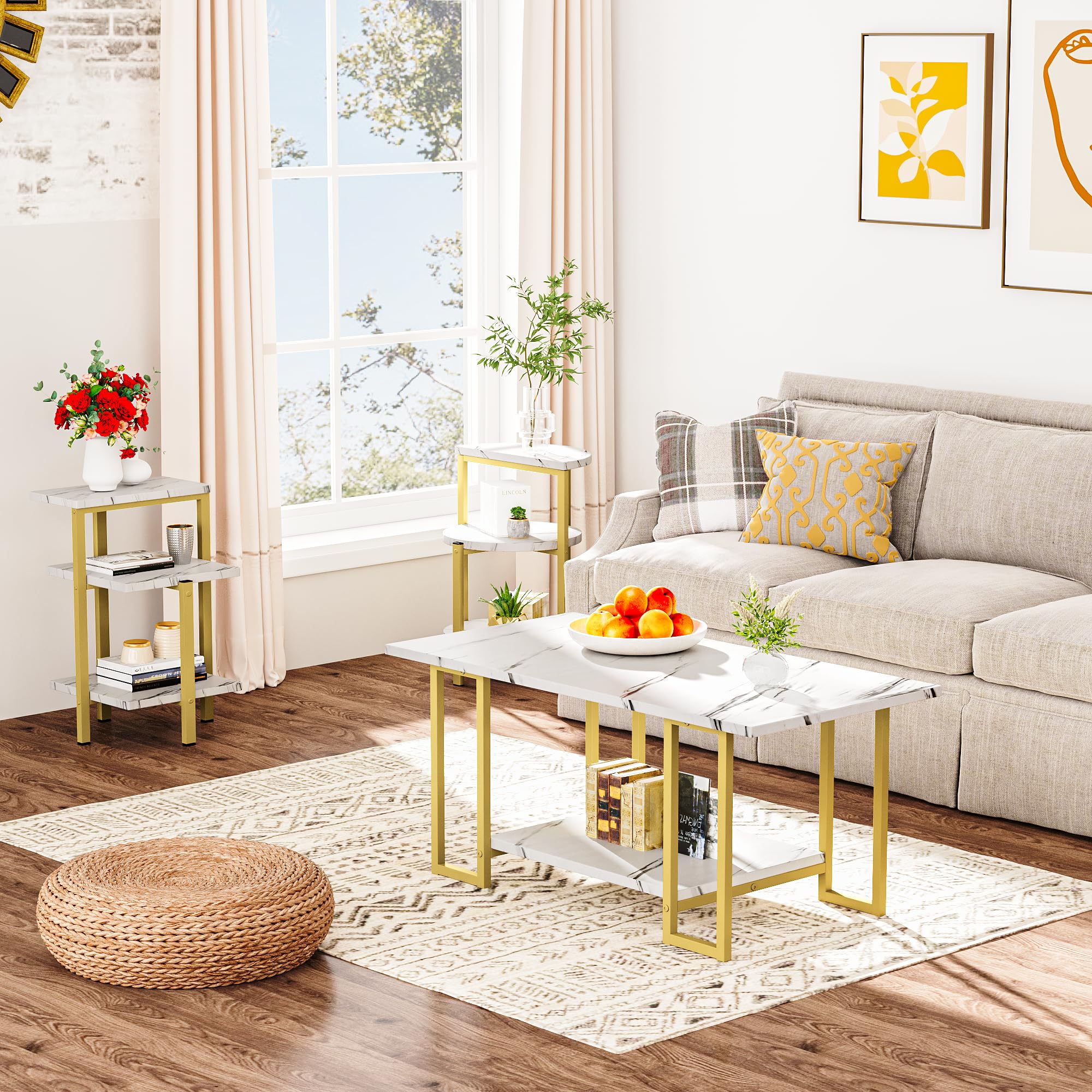 Stylish AWQM Faux Marble Coffee Table Set with 2 Side Tables - White & Gold Metal Frame 3-Piece Living Room Furniture for Apartments | Perfect for Small Spaces, Modern Decor & Entertaining Guests